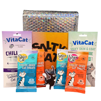 Salty Cat Goodie Bag and VitaCat treats by a shiny, textured bag.
