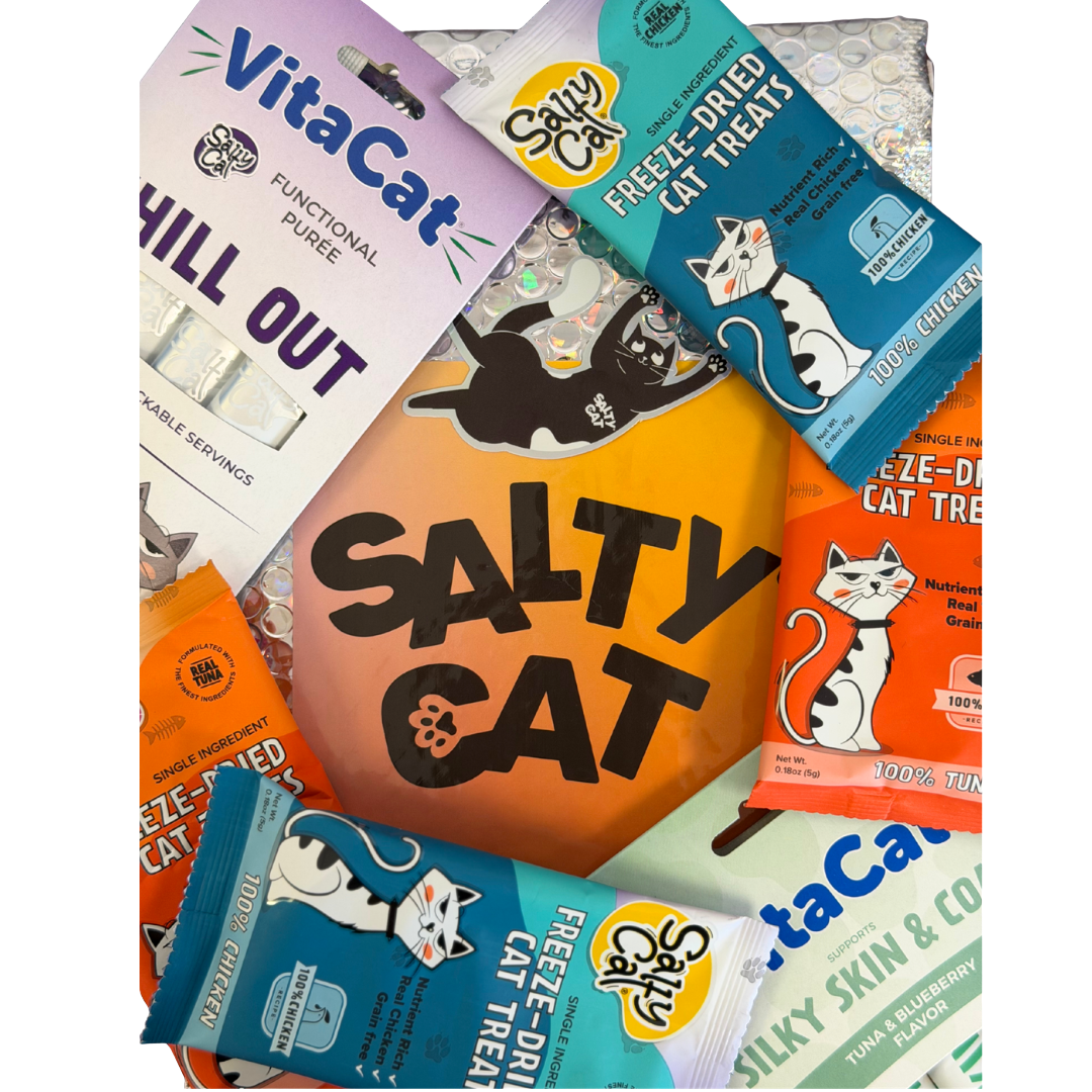 Salty Cat Goodie Bag: assorted lickable purées & freeze-dried treats for your cat.
