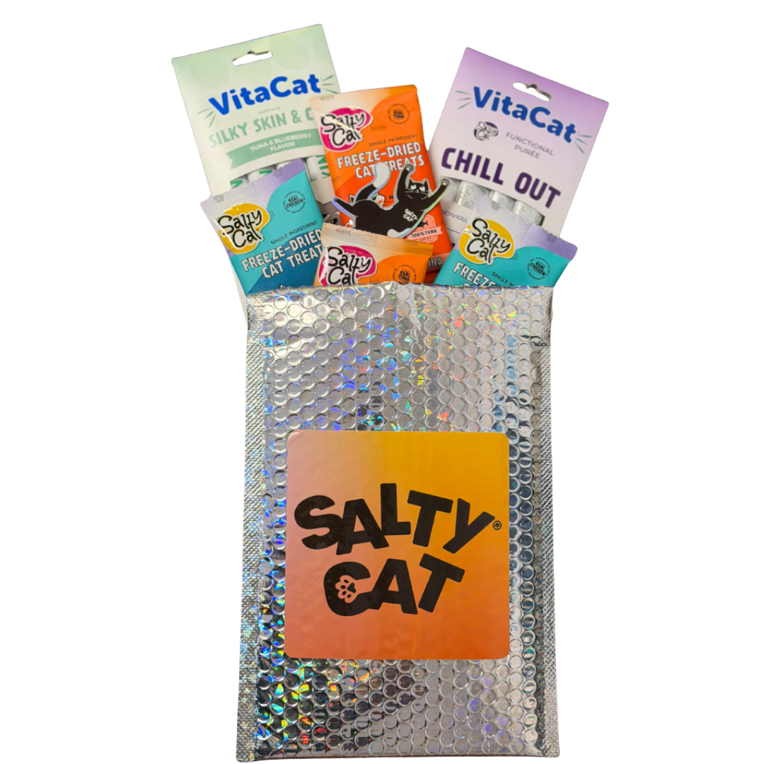 Silver Salty Cat Goodie Bag filled with assorted freeze-dried cat treats and treat packs.