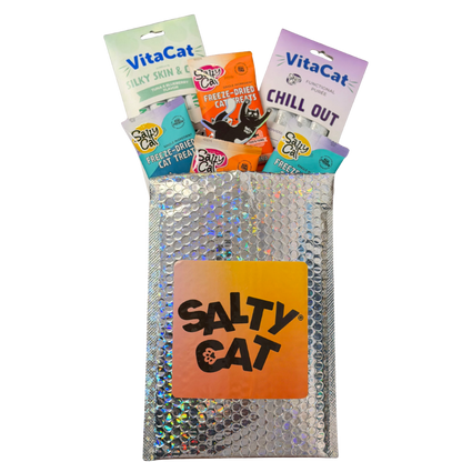 Silver Salty Cat Goodie Bag filled with assorted freeze-dried cat treats and treat packs.