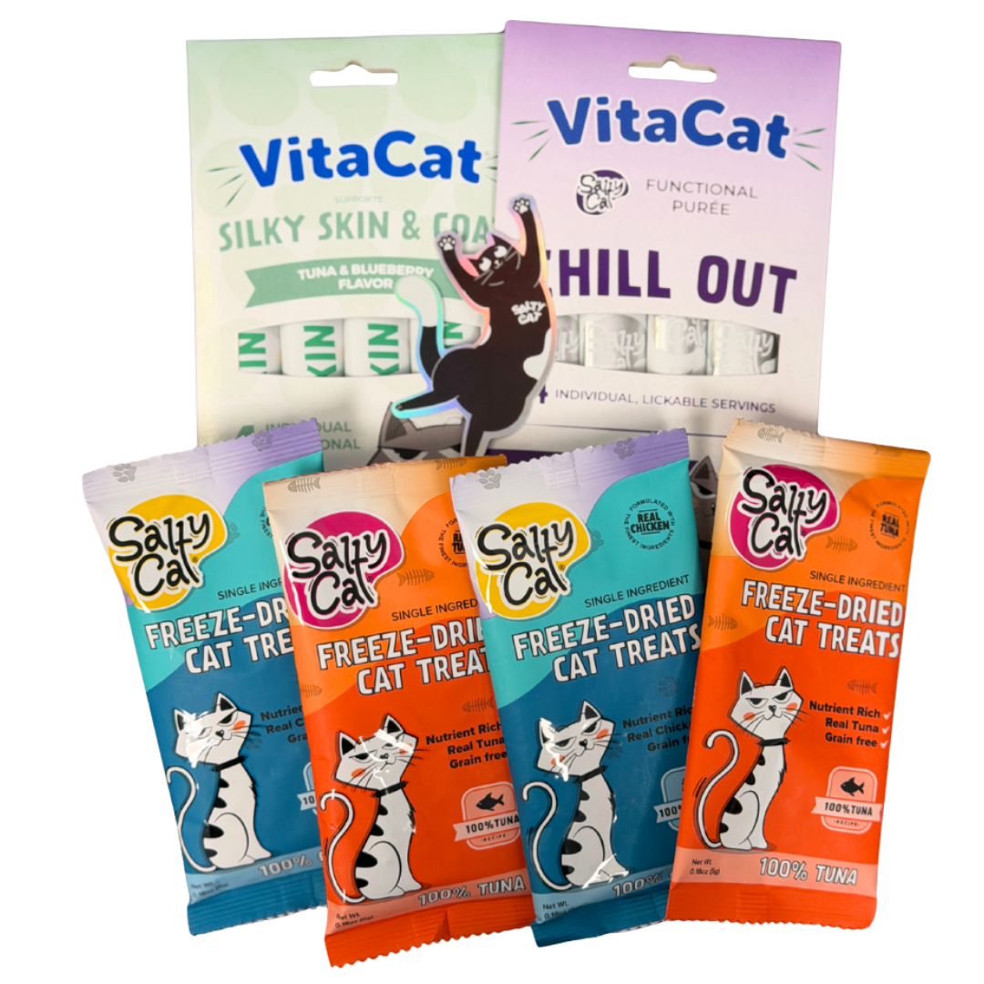 Salty Cat Goodie Bag treats with colorful packaging on a white background.