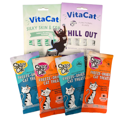 Salty Cat Goodie Bag treats with colorful packaging on a white background.