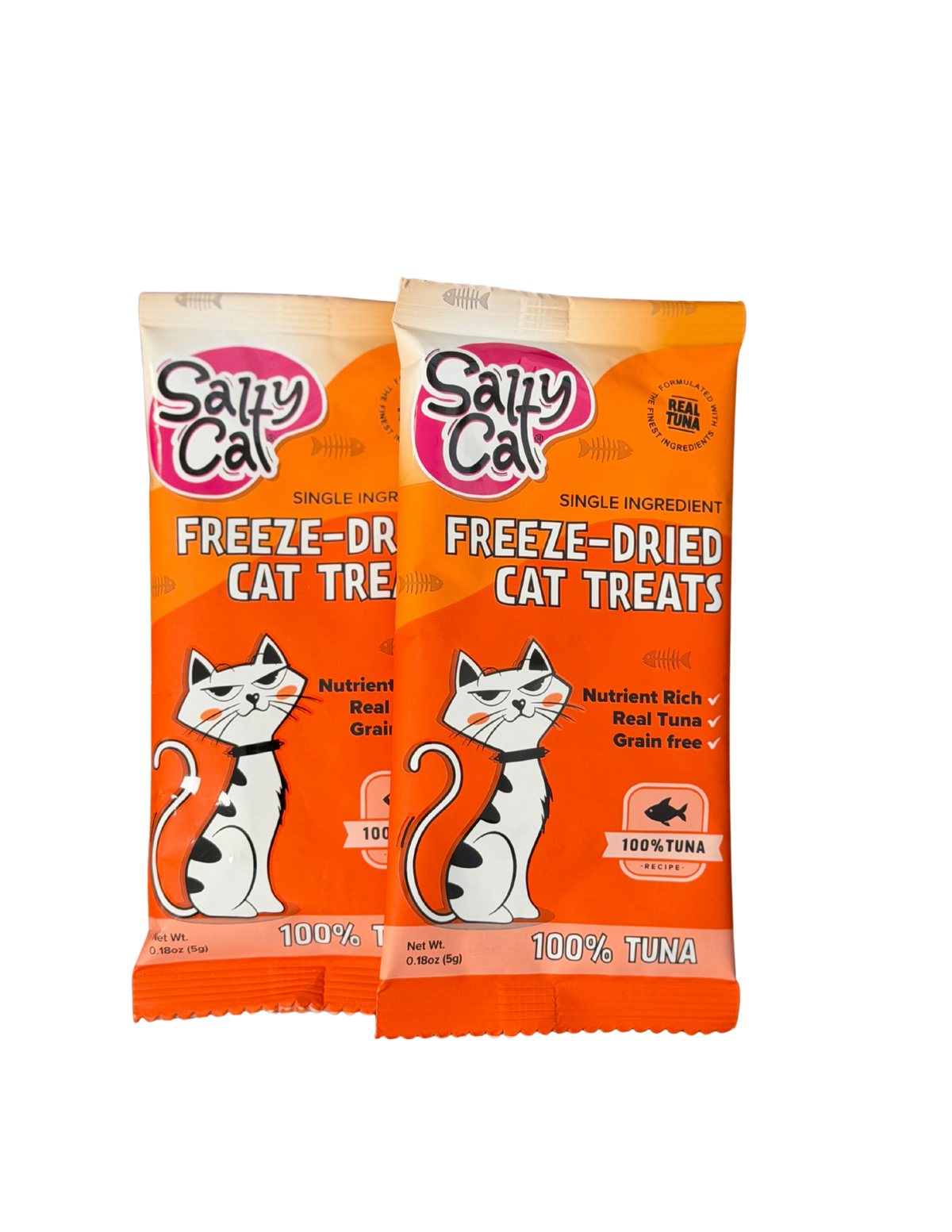 Two orange Salty Cat Goodie Bag treat pouches with cartoon cat illustration.