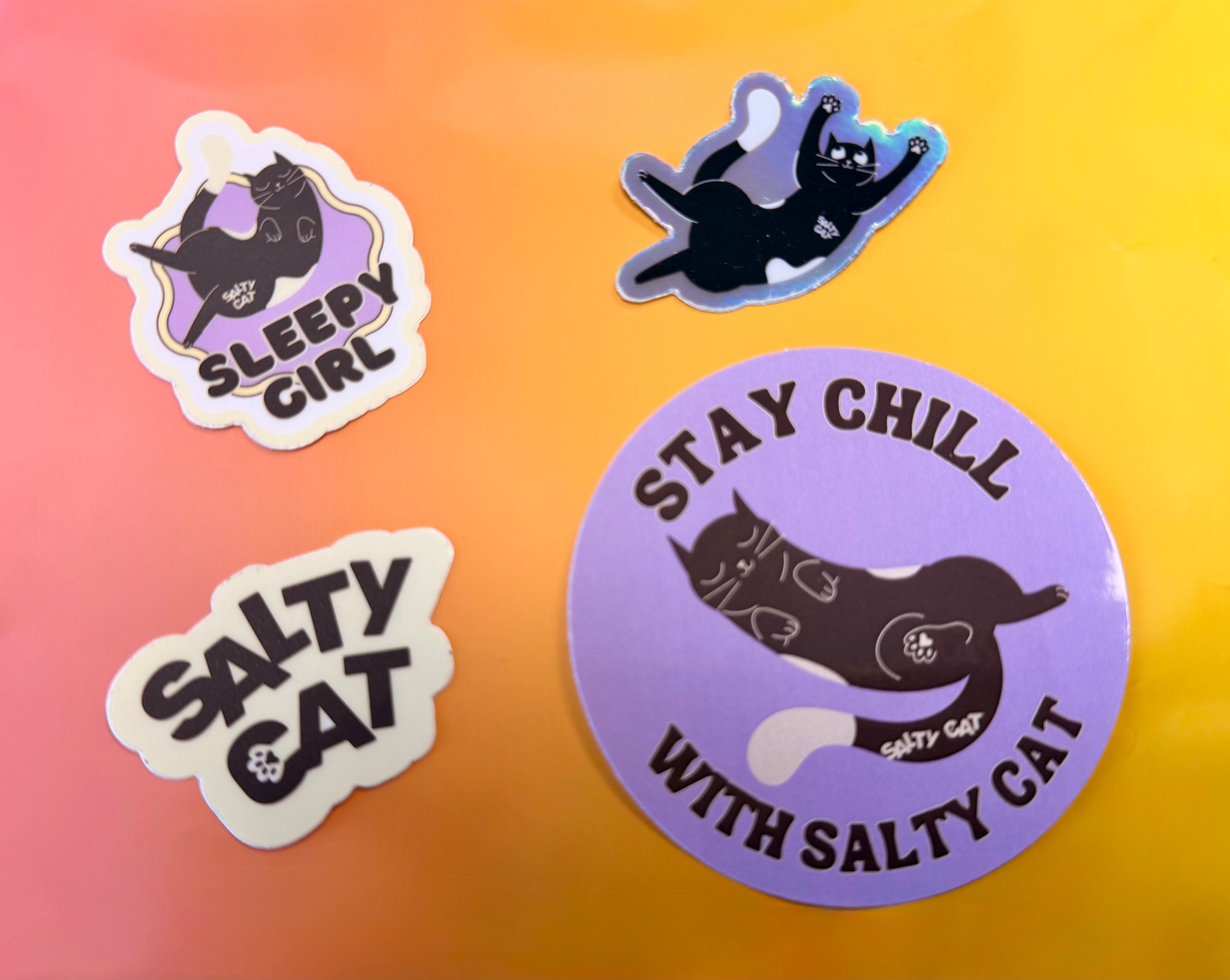 Salty Cat Surprise Sticker Bundle: Four cat designs on a pink-orange gradient background.