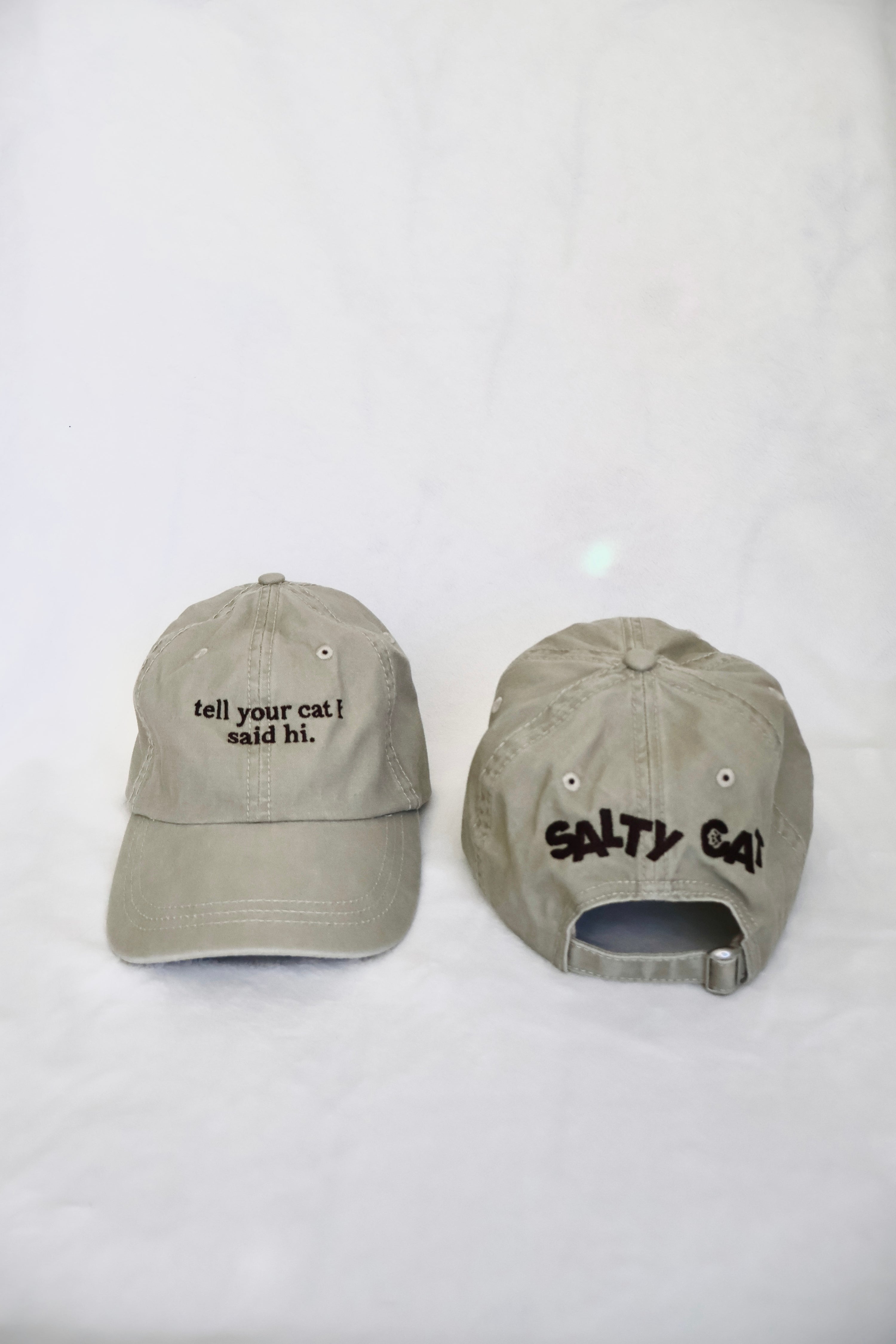 Two beige “tell your cat i said hi” caps by Salty Cat, SALTY CAT on the back of one.