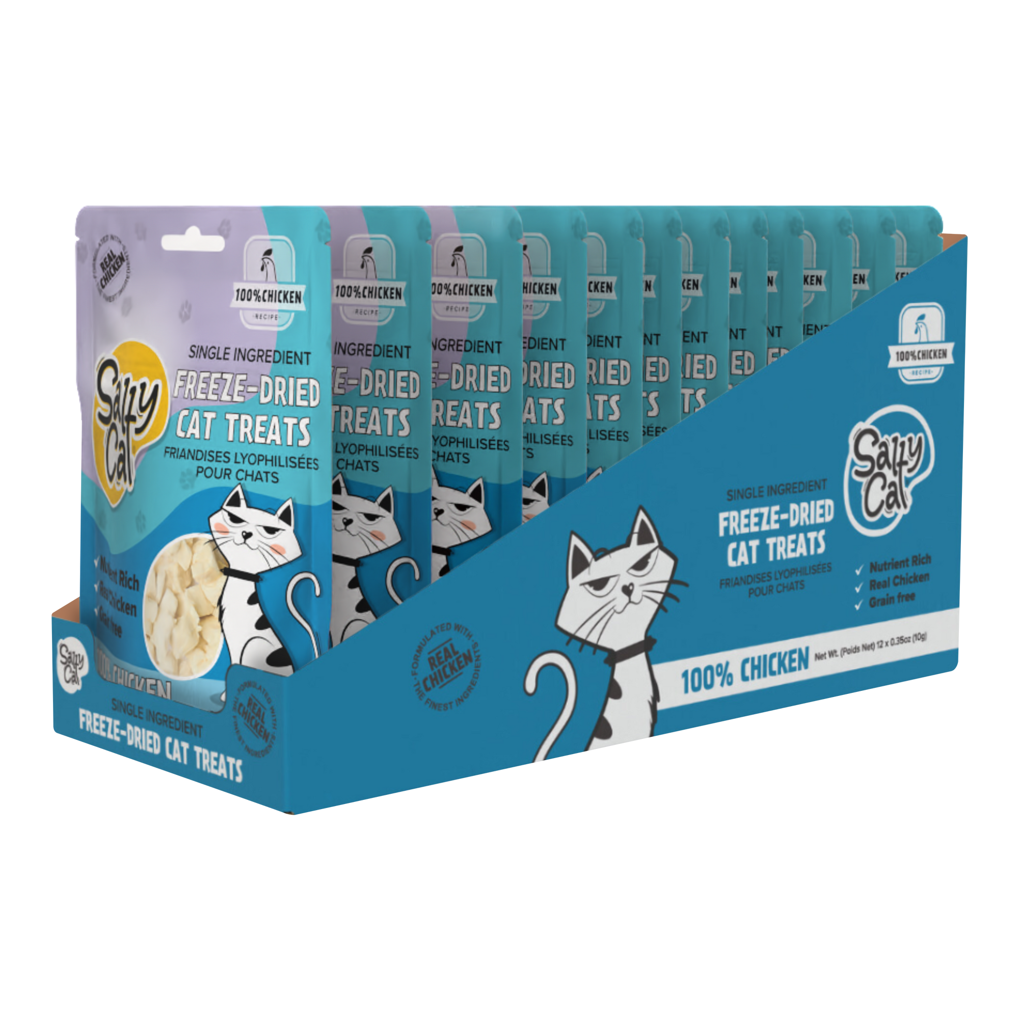 Salty Cat Freeze-Dried Chicken Cat Treats, 12 pack—tasty, single-ingredient display box.