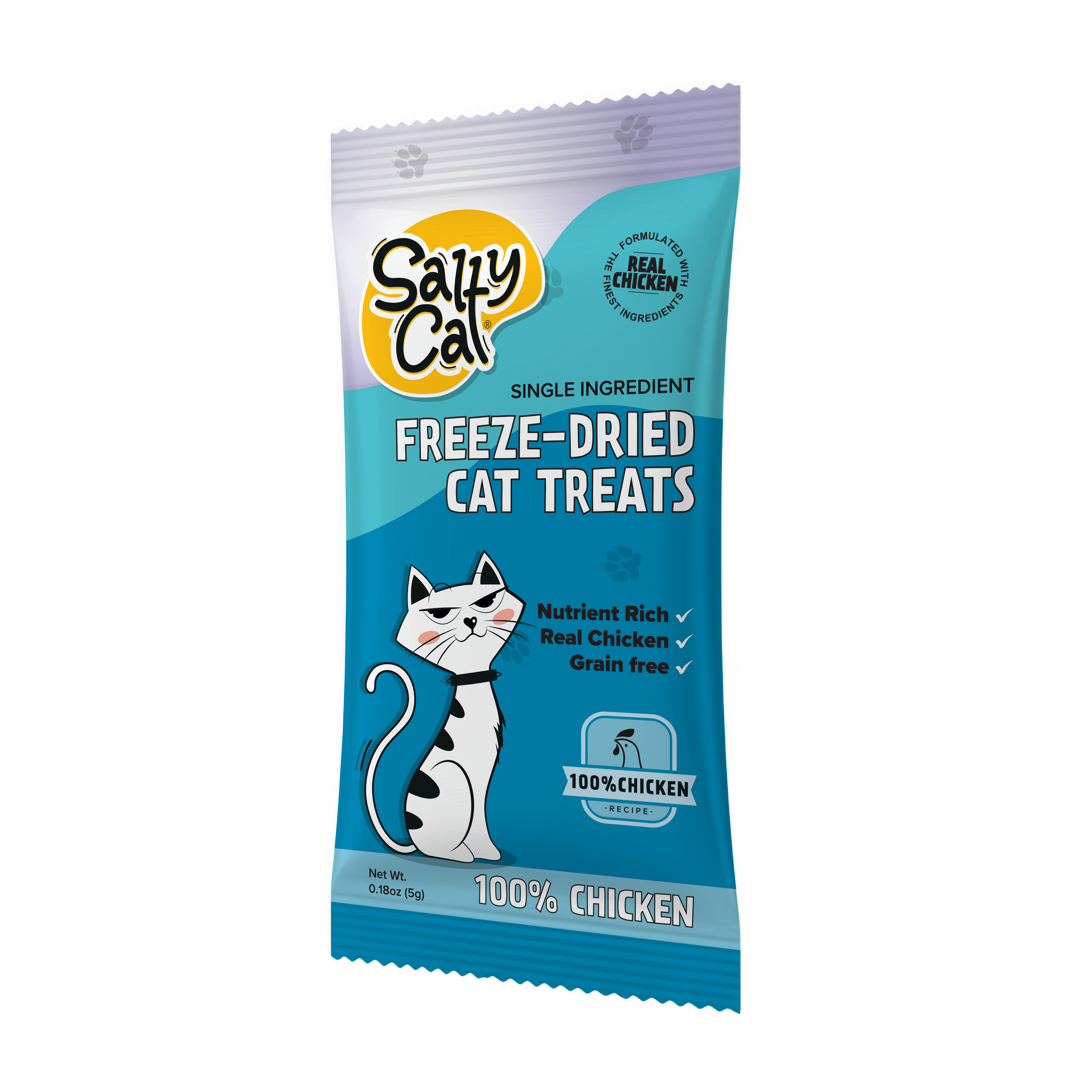 Salty Cat Freeze Dried Chicken Cat Treats 5g x24, blue pack with cartoon cat illustration.