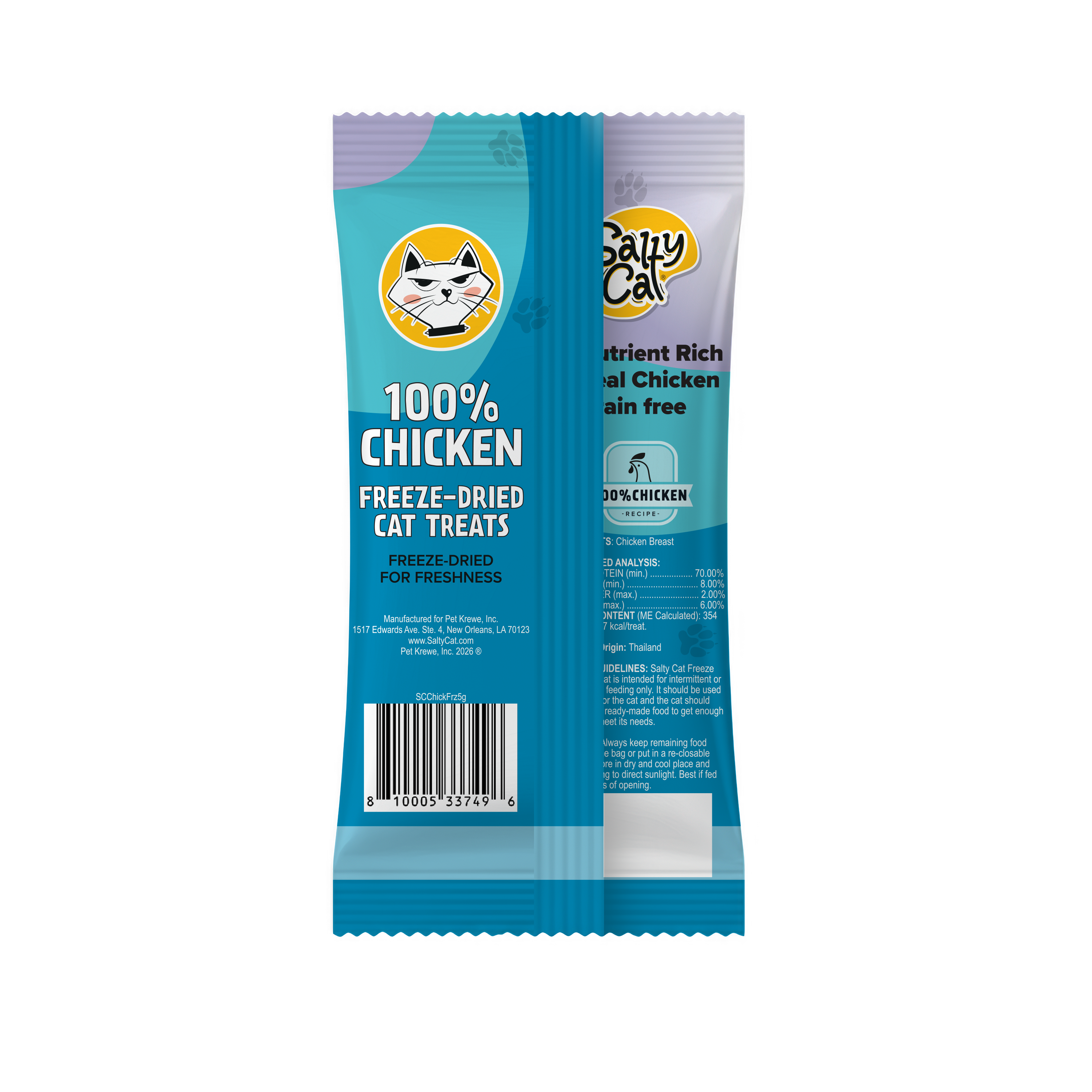 Salty Cat Freeze Dried Chicken 5g, 1 Pack, in blue packet with cat face logo.