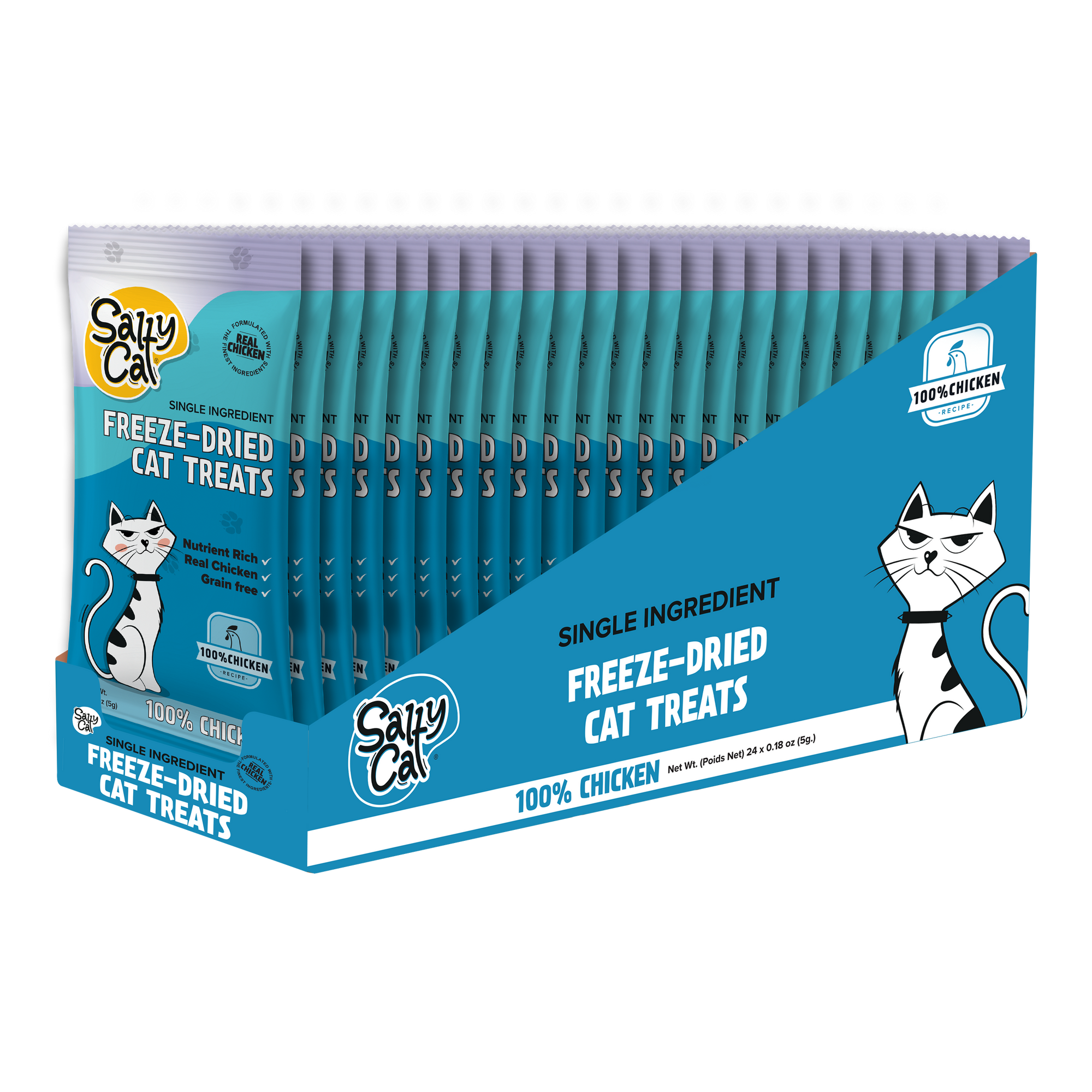 Salty Cat Freeze Dried Chicken Cat Treats 5g x24, single-ingredient with cartoon cat box.