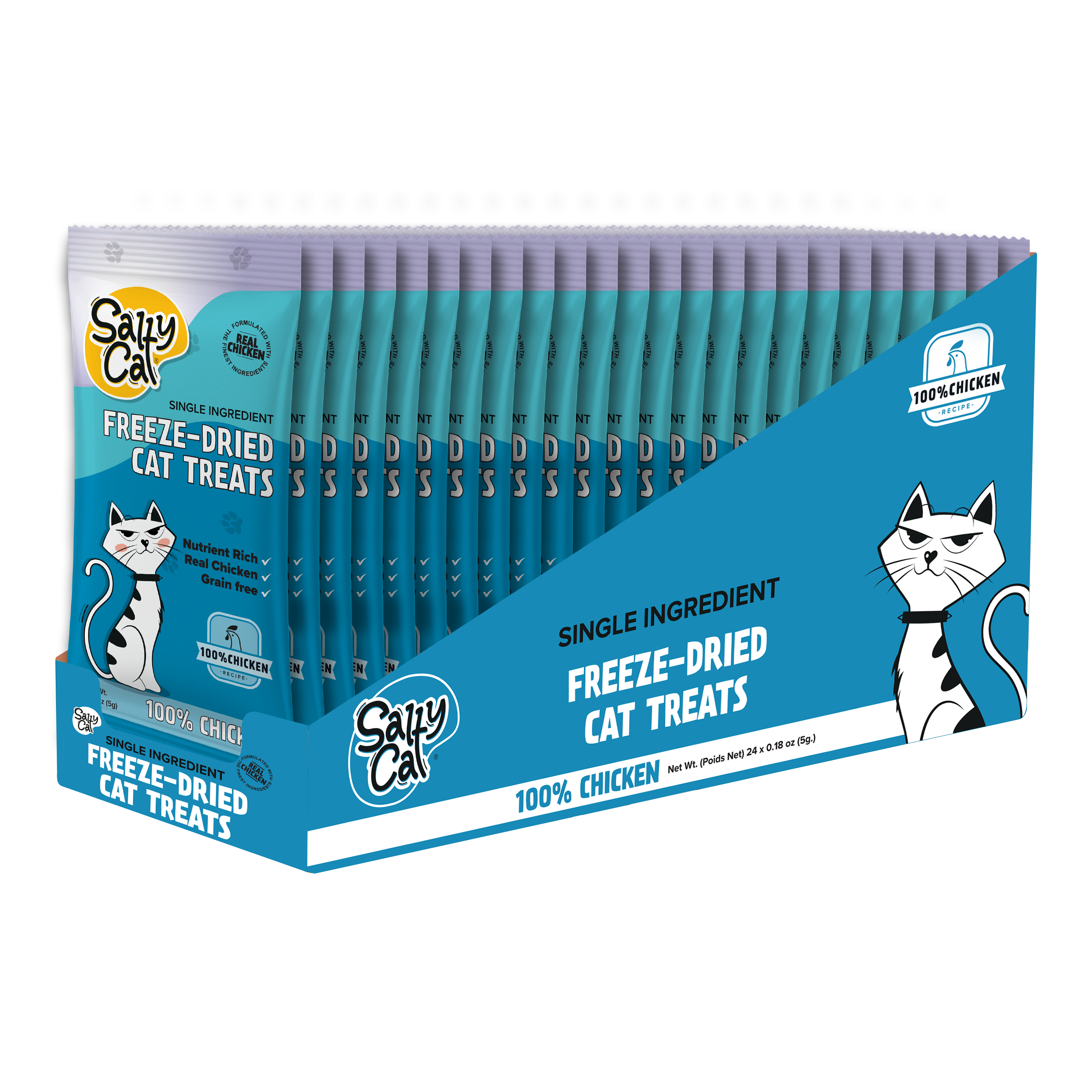 Salty Cat Freeze Dried Chicken Cat Treats 5g x24, single-ingredient with cartoon cat box.