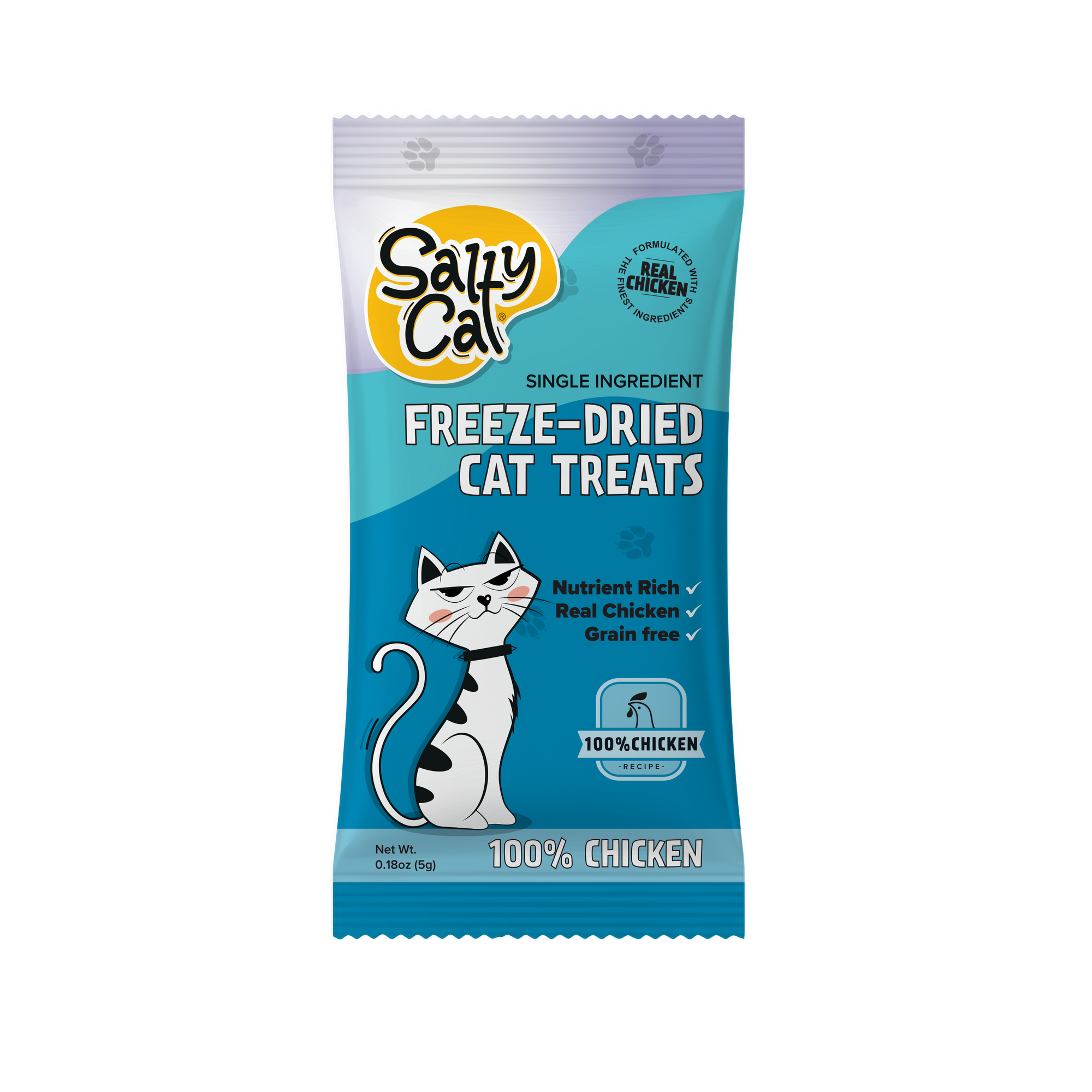 Salty Cat Freeze Dried Chicken 5g, 1 Pack—100% chicken treats in a cute blue cartoon bag.