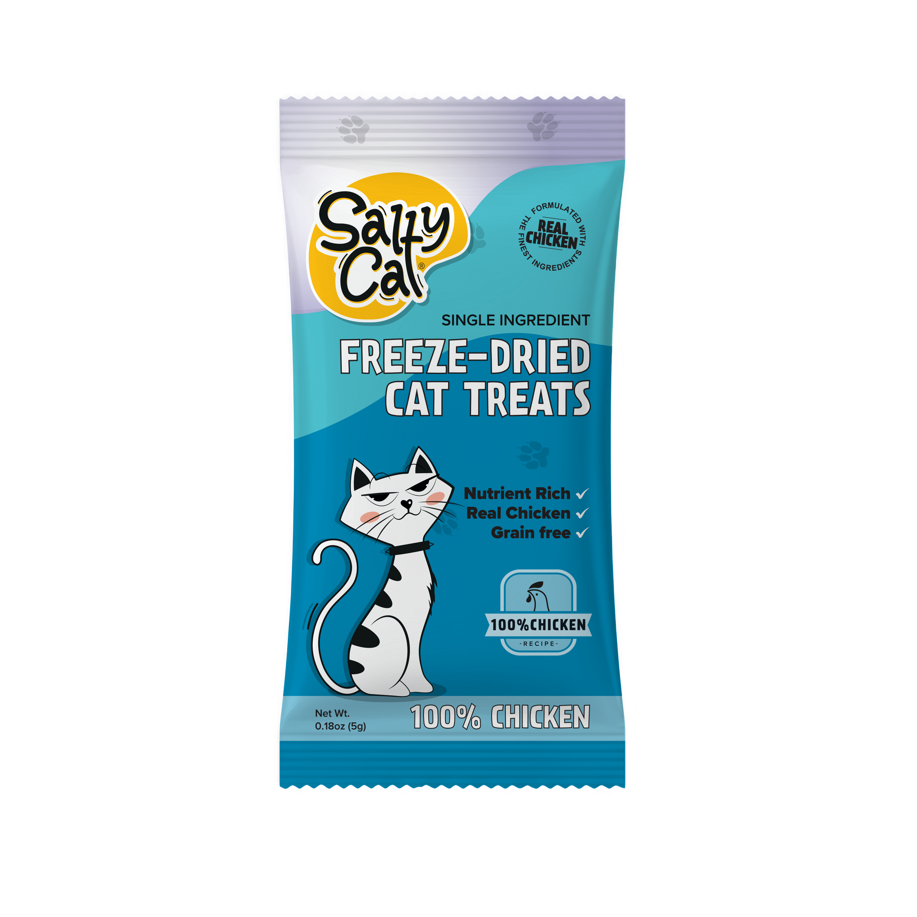 Salty Cat Freeze Dried Chicken Cat Treats, 5g x 24 packs with cute cartoon cat design.