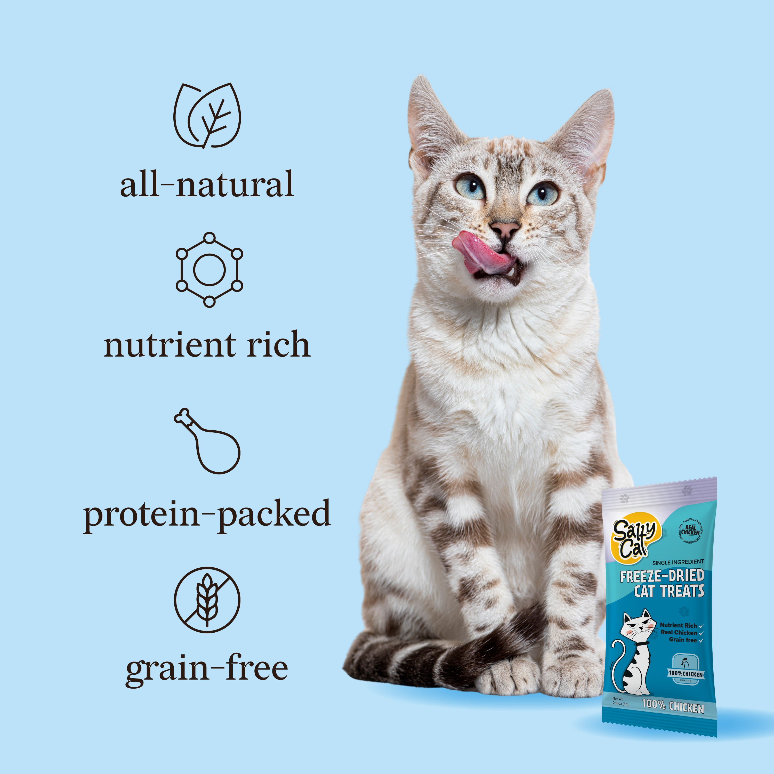 Cat licking lips near Salty Cat Freeze Dried Chicken Cat Treats, 5g, 24 Packs—grain-free.