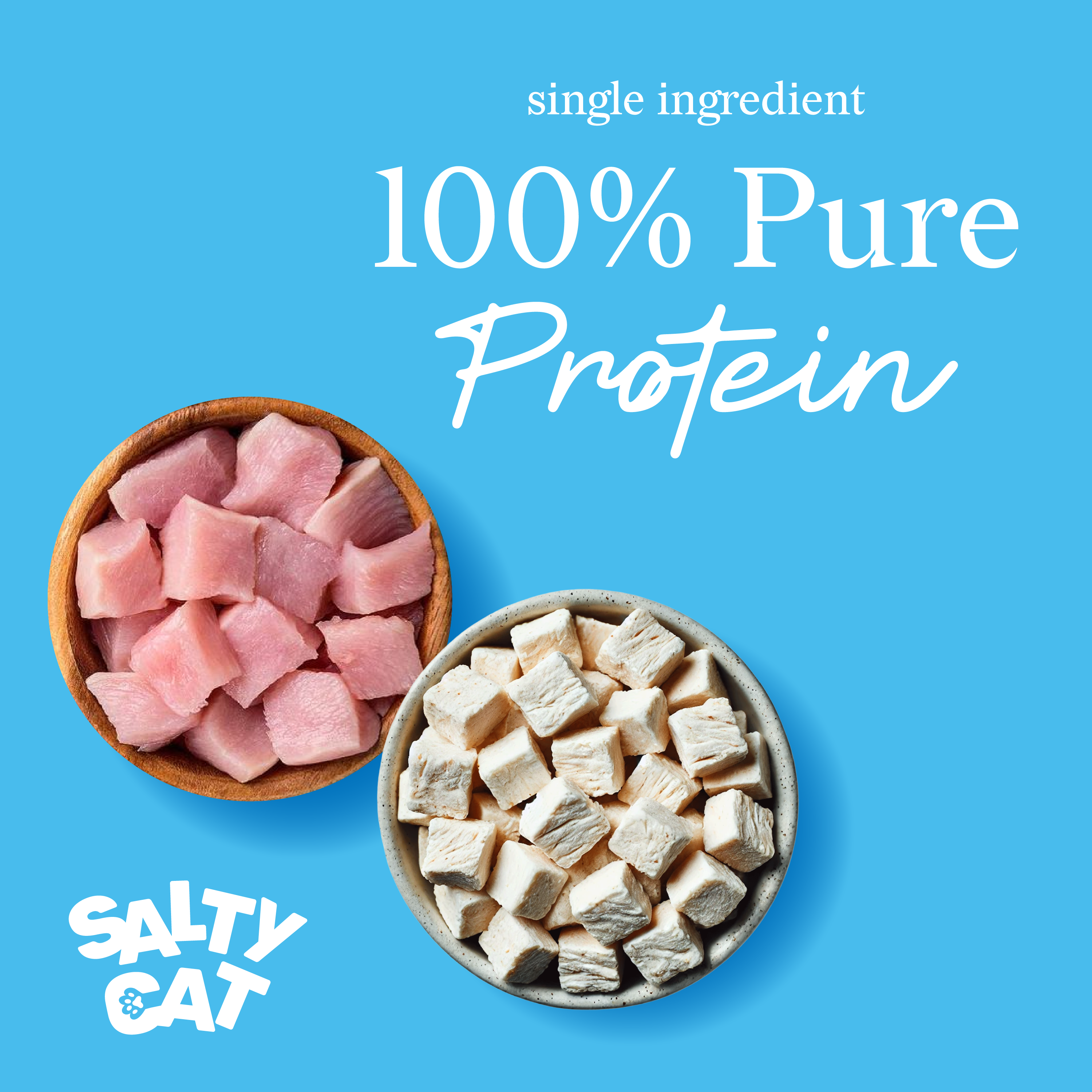 Two bowls of Salty Cat Freeze Dried Chicken 5g cat treats on blue background.