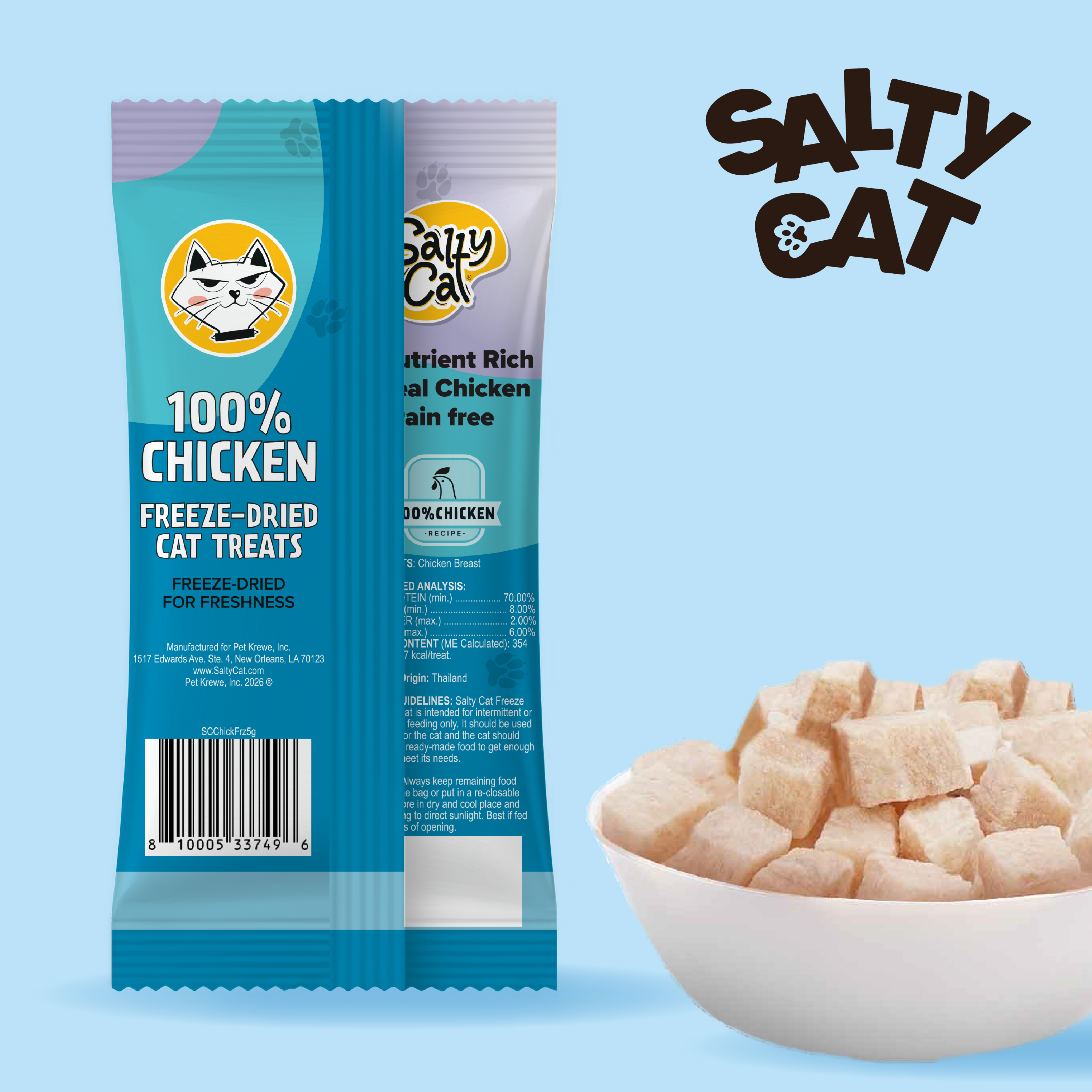 Salty Cat Freeze Dried Chicken Cat Treats 5g, 24 Packs in blue packaging and a bowl.