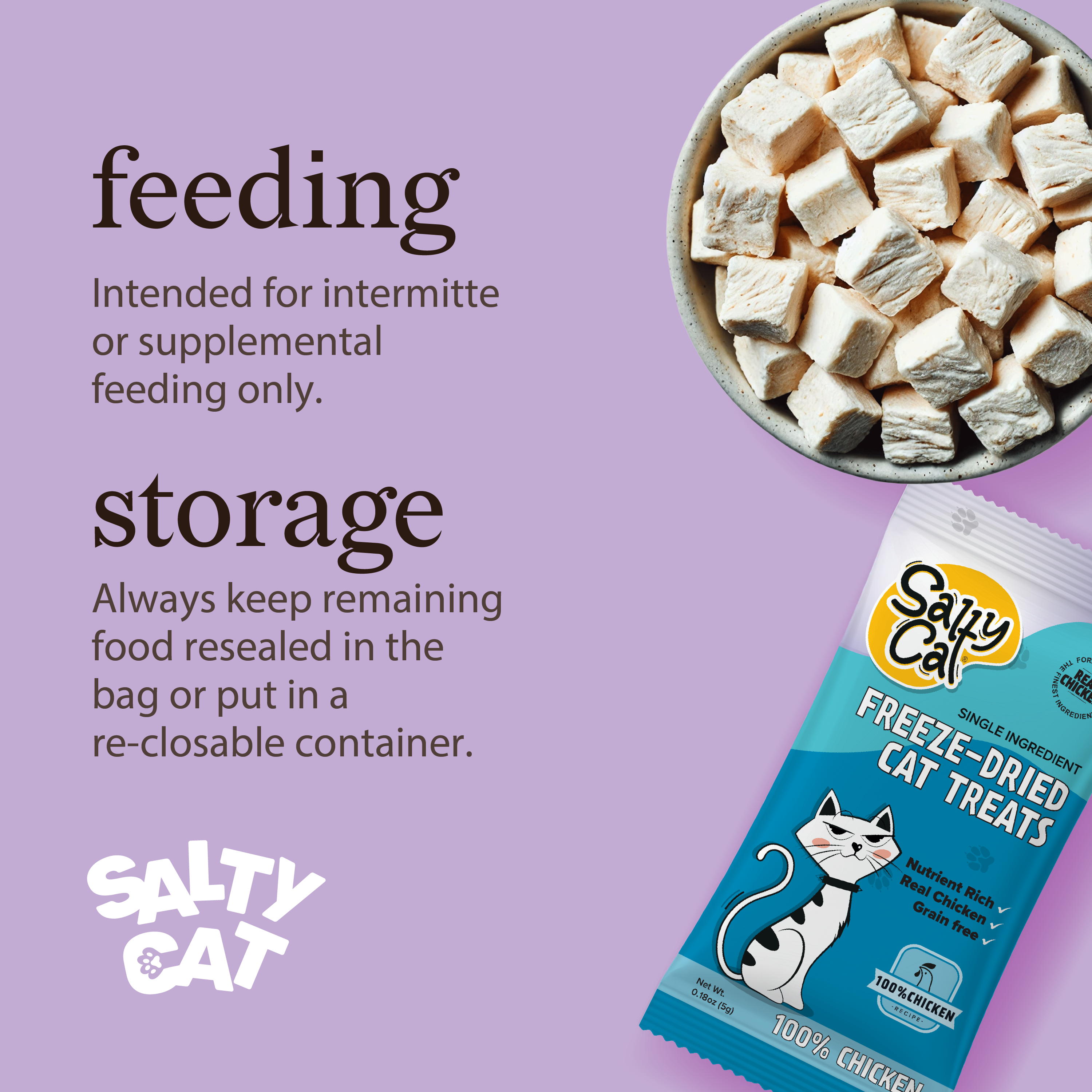 Salty Cat Freeze Dried Chicken Cat Treats 5g, 24 Packs—single-ingredient, easy to store.