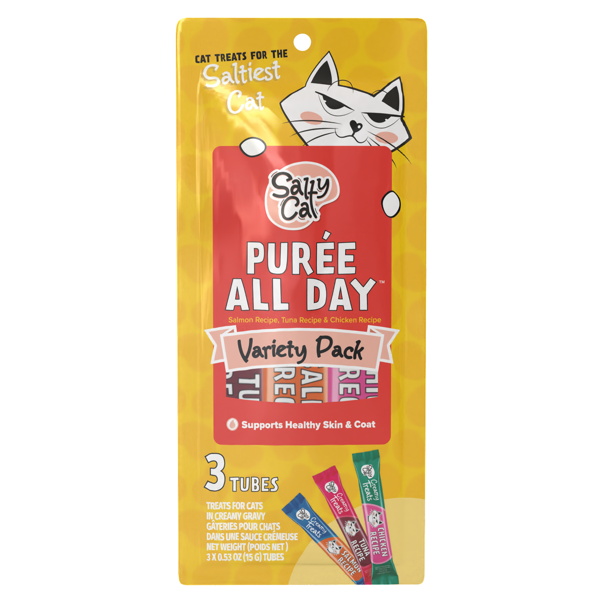 Salty Cat Purée All Day Variety Pack Natural Cat Treats, 3 x 15g tubes (12 Packs)