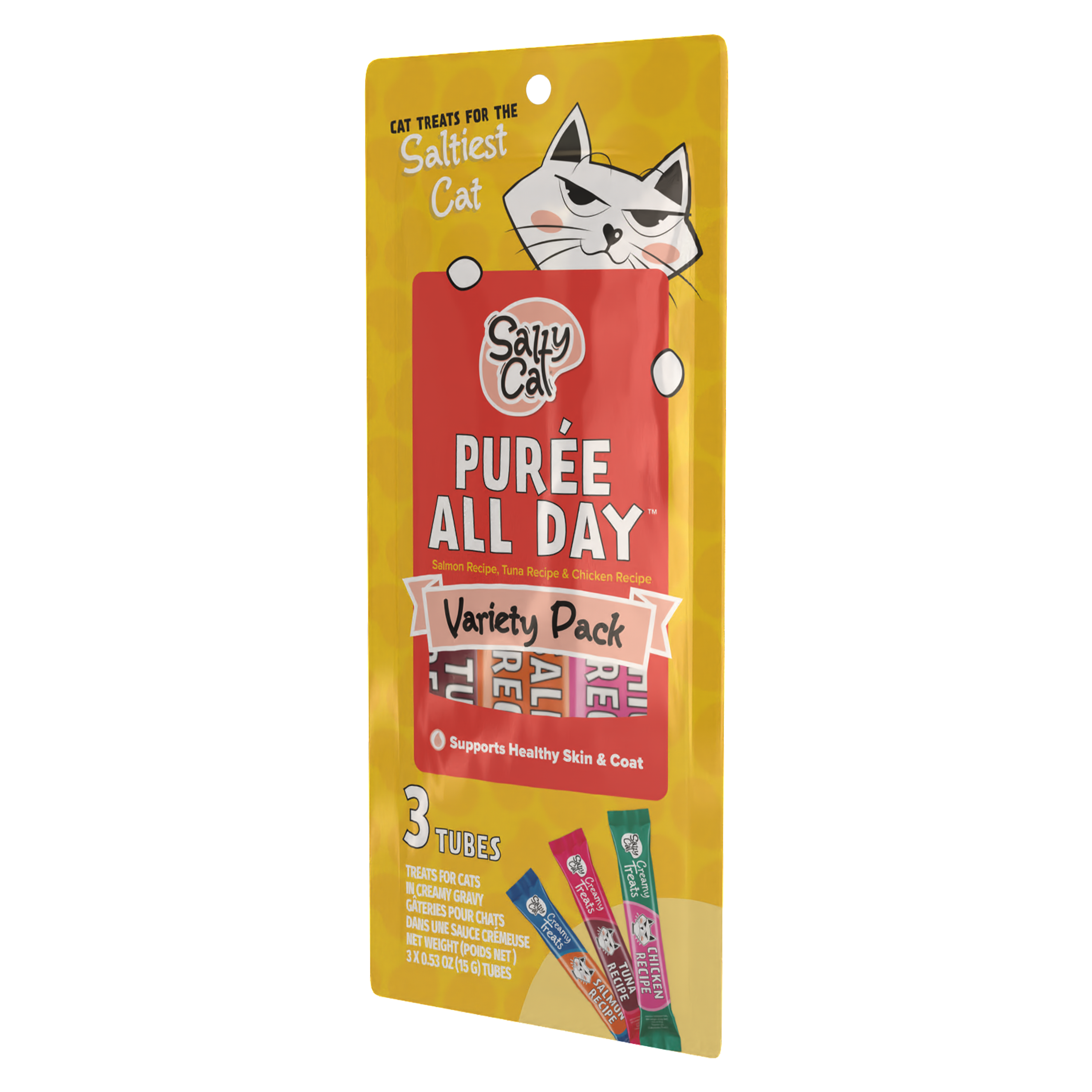 Salty Cat Puree All Day Variety Pack, 1 pack of 3 cat treat tubes in cartoon cat packaging.