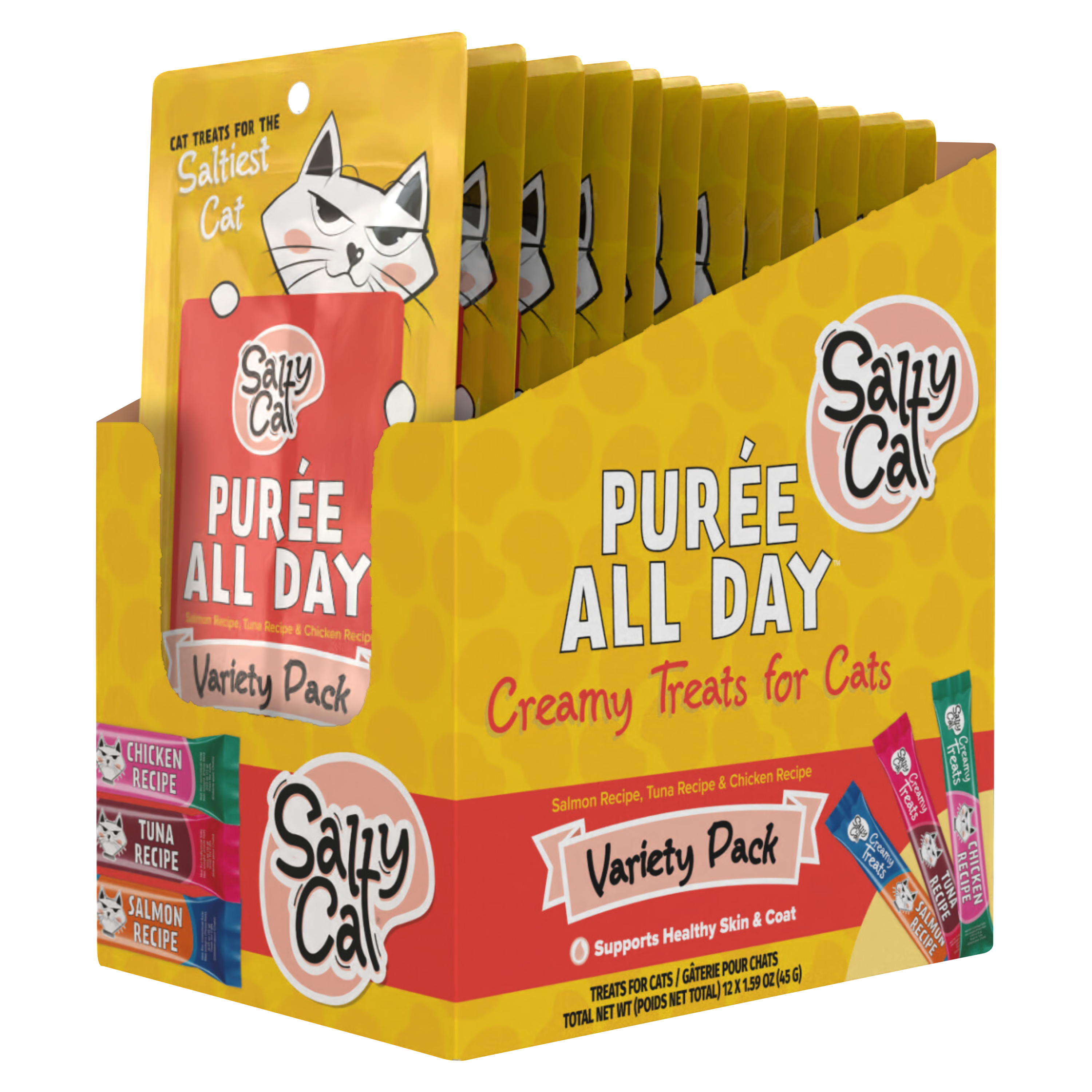 Salty Cat Purée All Day Variety Pack Natural Cat Treats, 3 x 15g tubes (12 Packs)