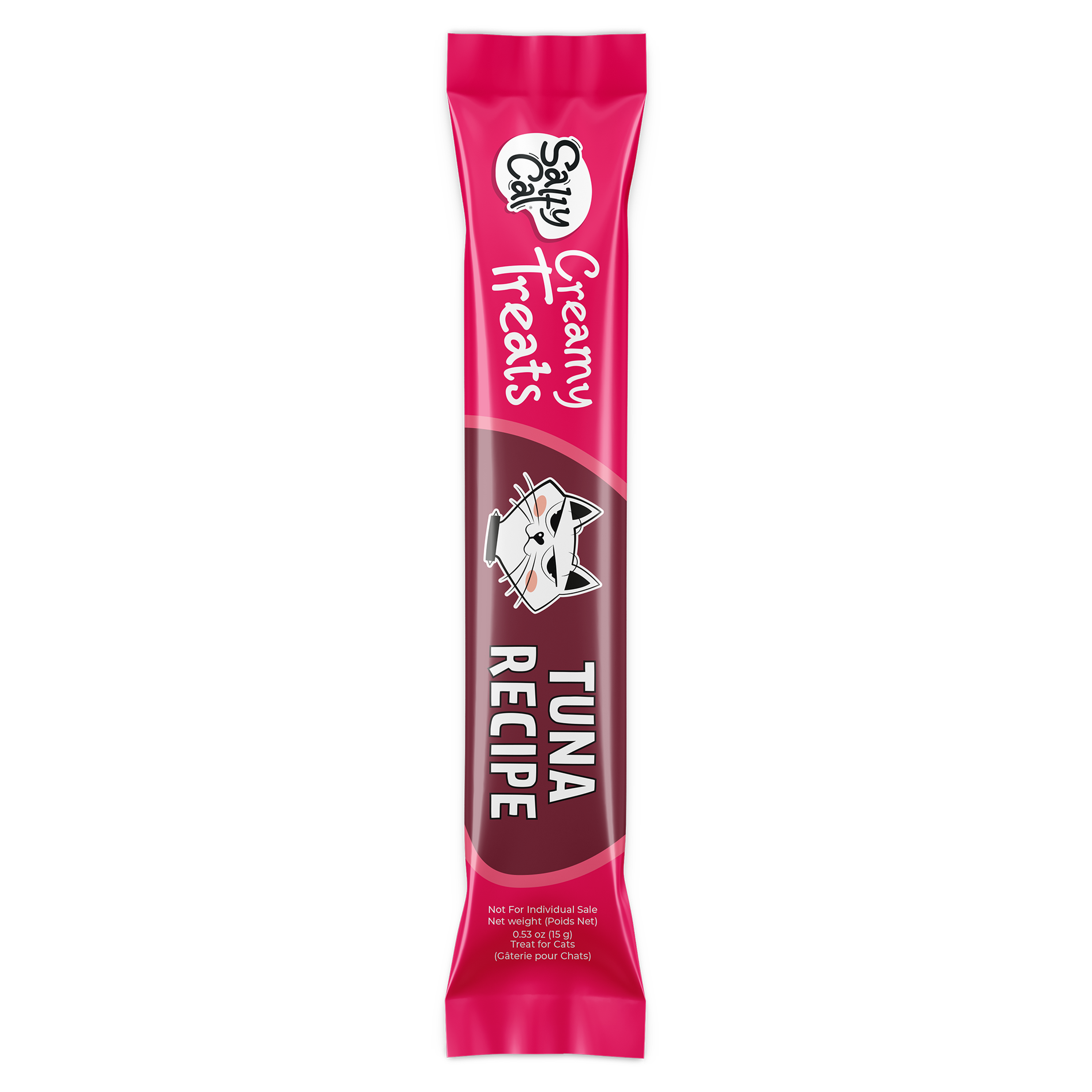 Salty Cat Puree All Day Variety Pack, 1 Pack—creamy tuna treats in a pink packet.