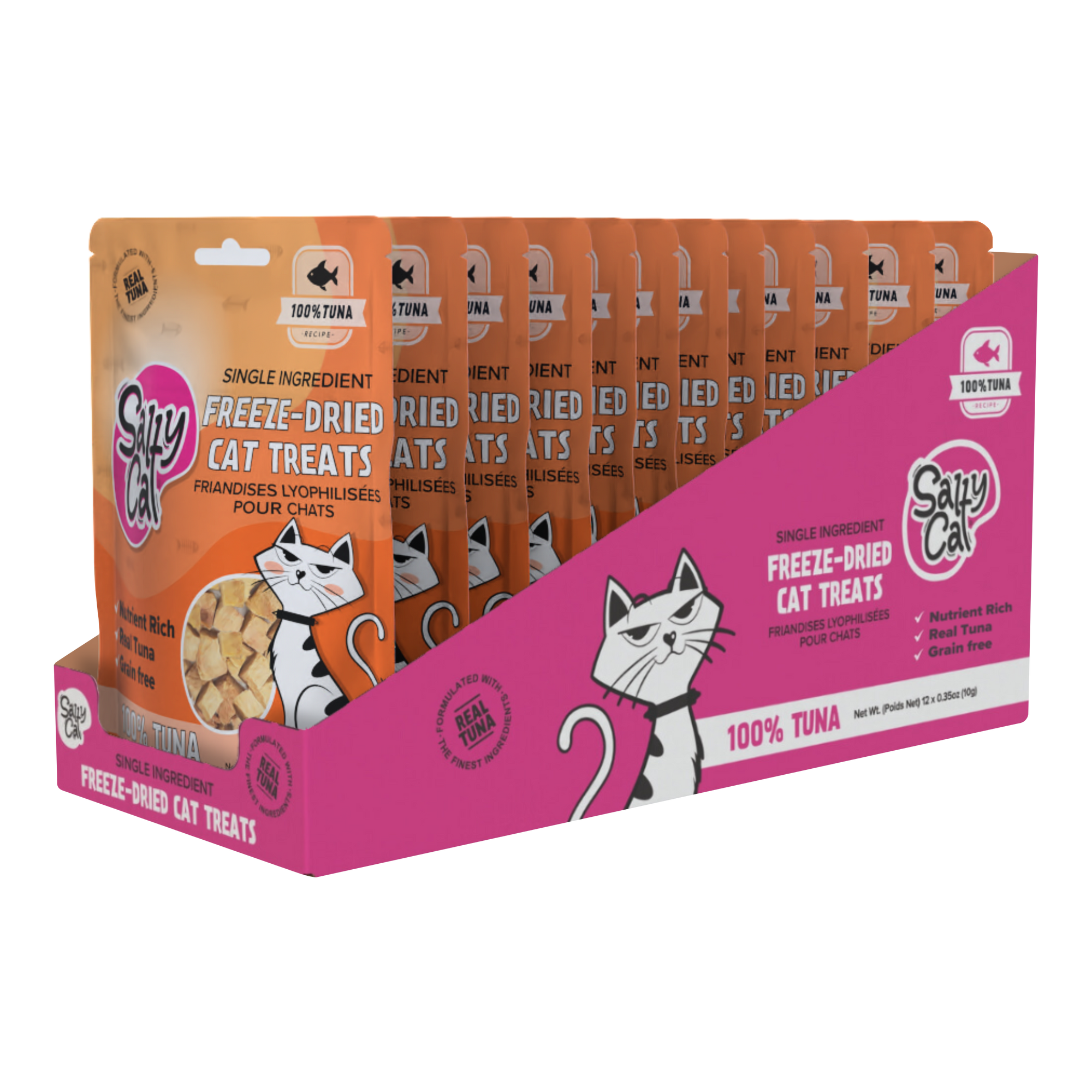 Salty Cat Freeze-Dried Tuna Cat Treats, 12 pack; each pouch features a cartoon cat.