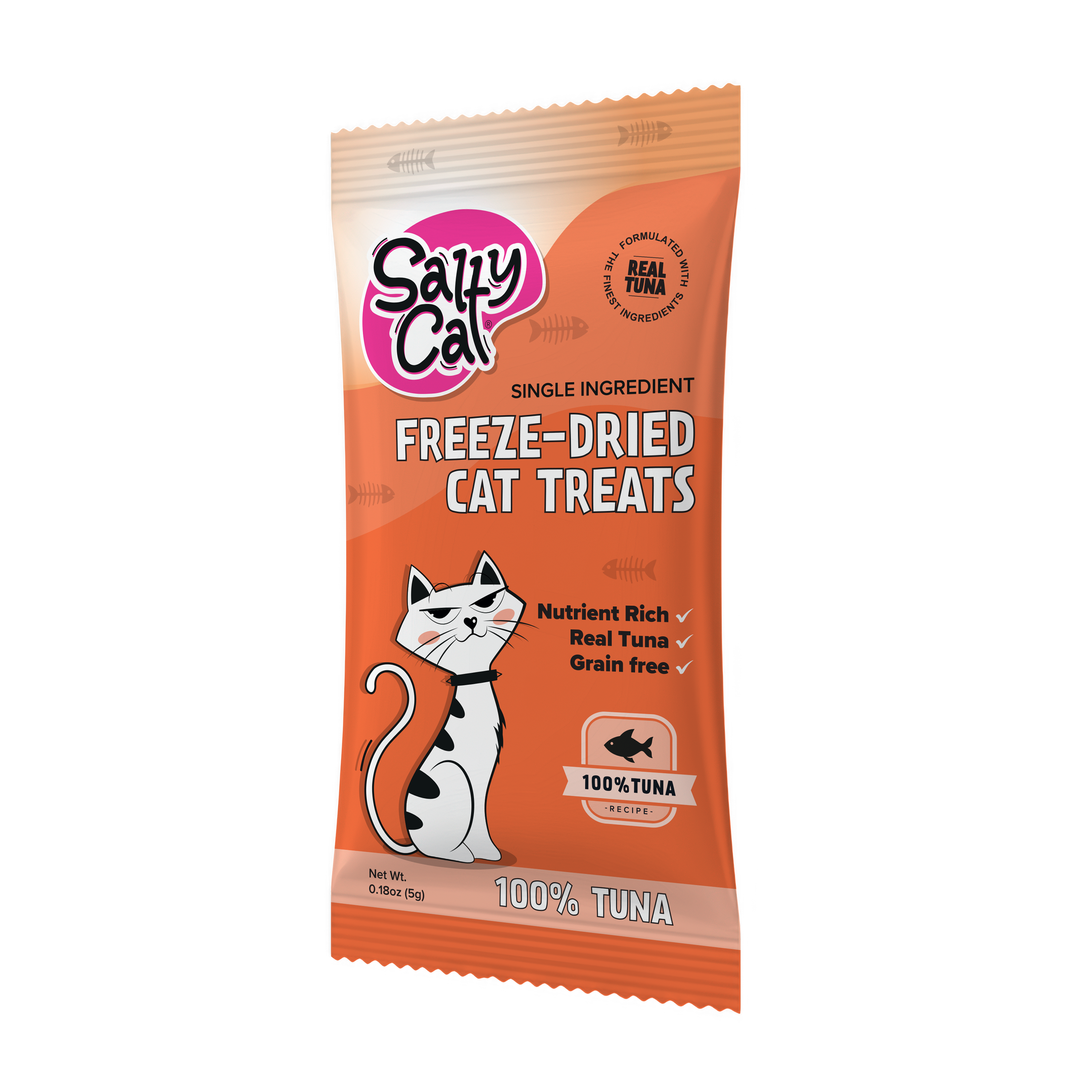 Salty Cat Freeze Dried Tuna 5g cat treats, orange pack with cartoon cat, high protein inside.
