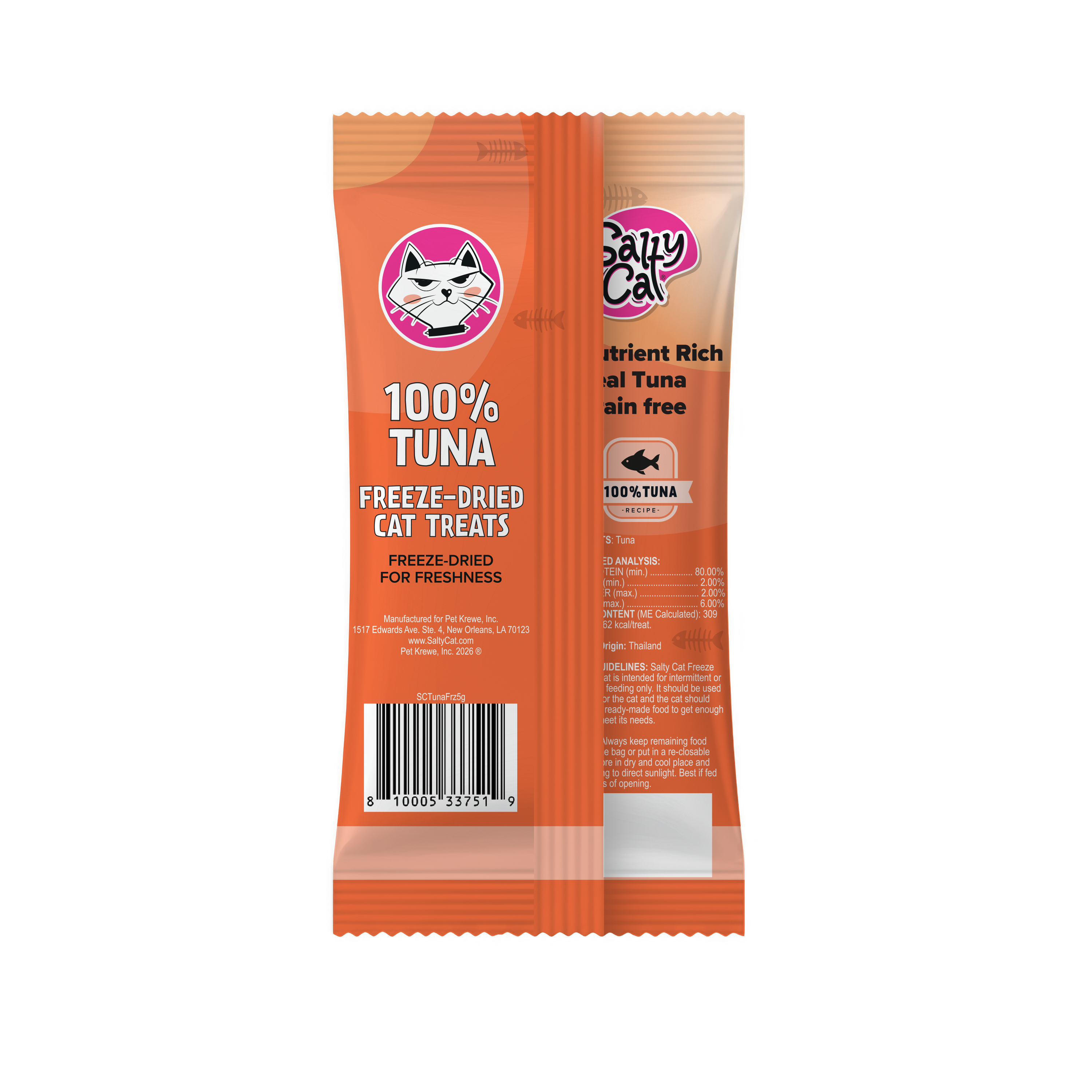 Salty Cat Freeze Dried Tuna 5g treats, 1 pack—front and back of orange bag shown.