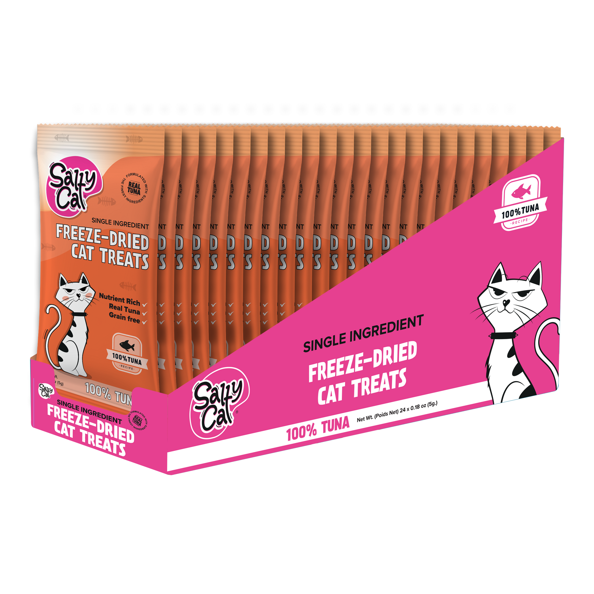 Salty Cat Freeze Dried Tuna Cat Treats, 5g x 24, 100% tuna, high protein, orange/pink pack.