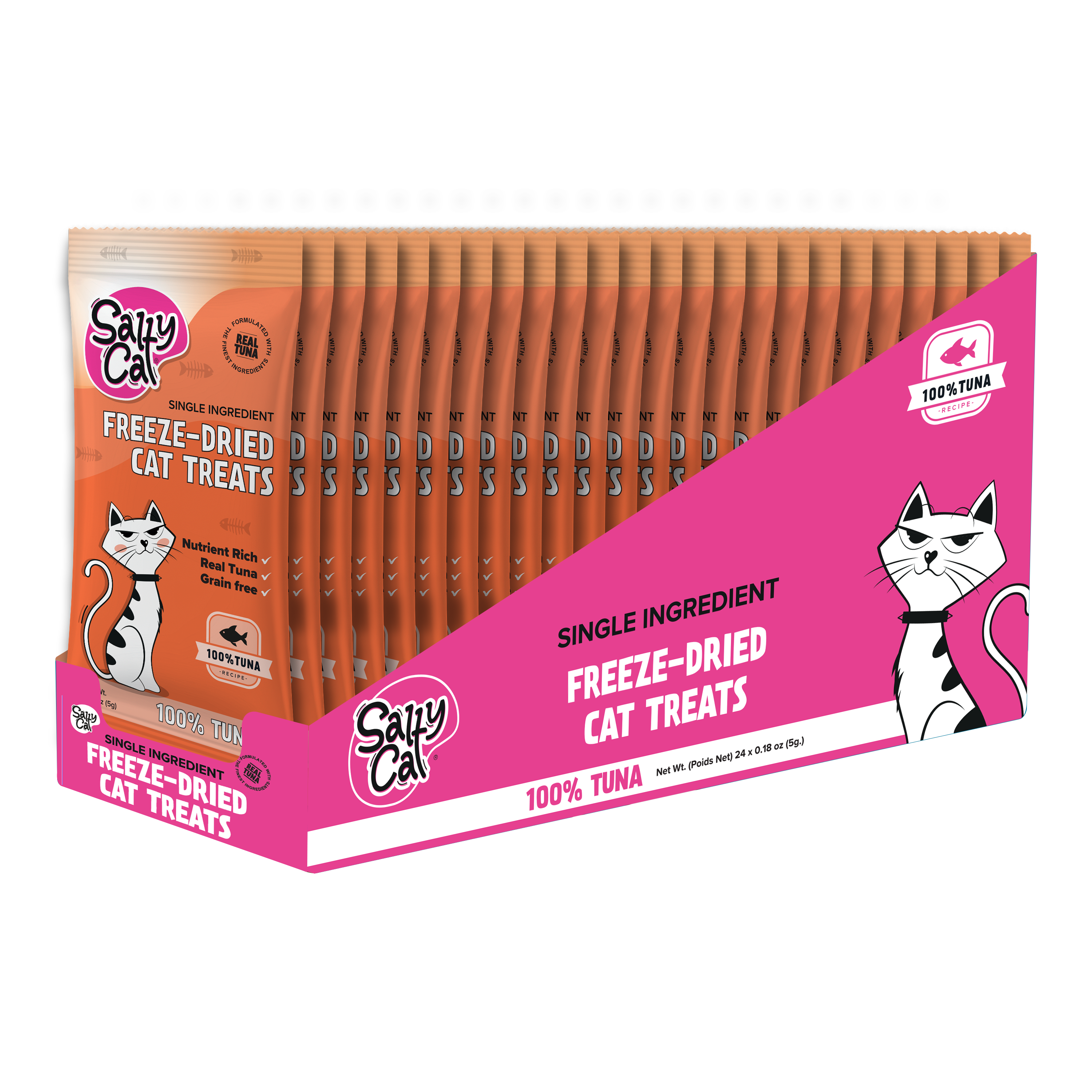 Salty Cat Freeze Dried Tuna Cat Treats, 5g x 24, 100% tuna, high protein, orange/pink pack.