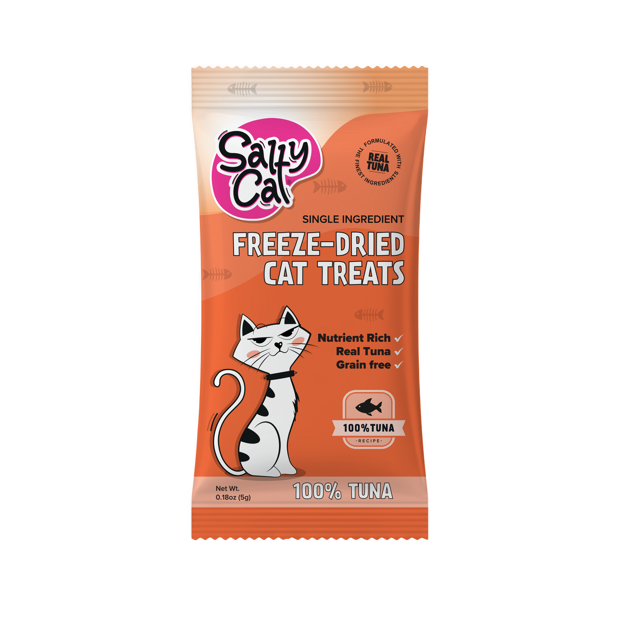Salty Cat Freeze Dried Tuna 5g, orange pack, high protein cat treats with illustrated cat.