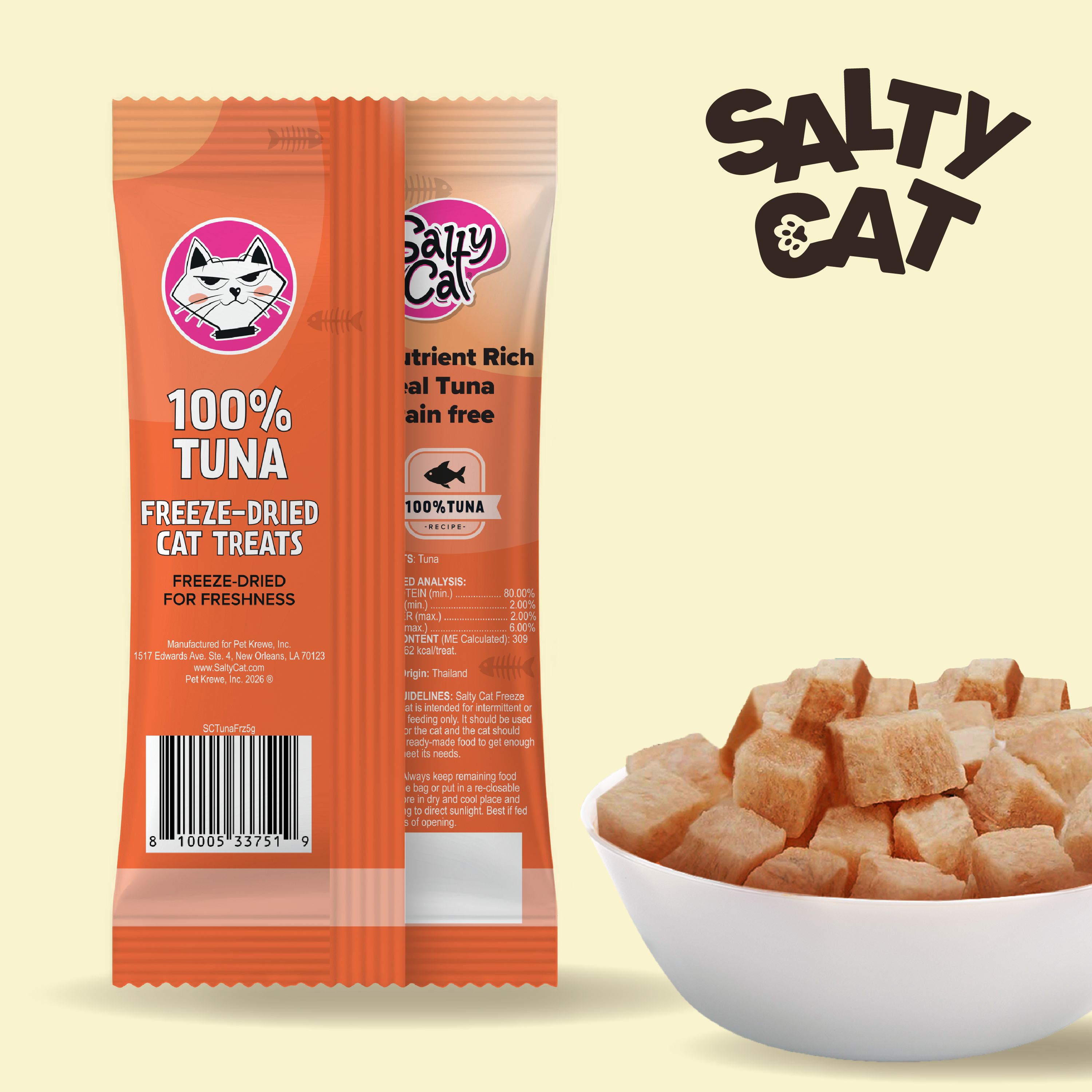 Salty Cat Freeze Dried Tuna 5g, 1 Pack—high protein cat treats shown in packet and bowl.