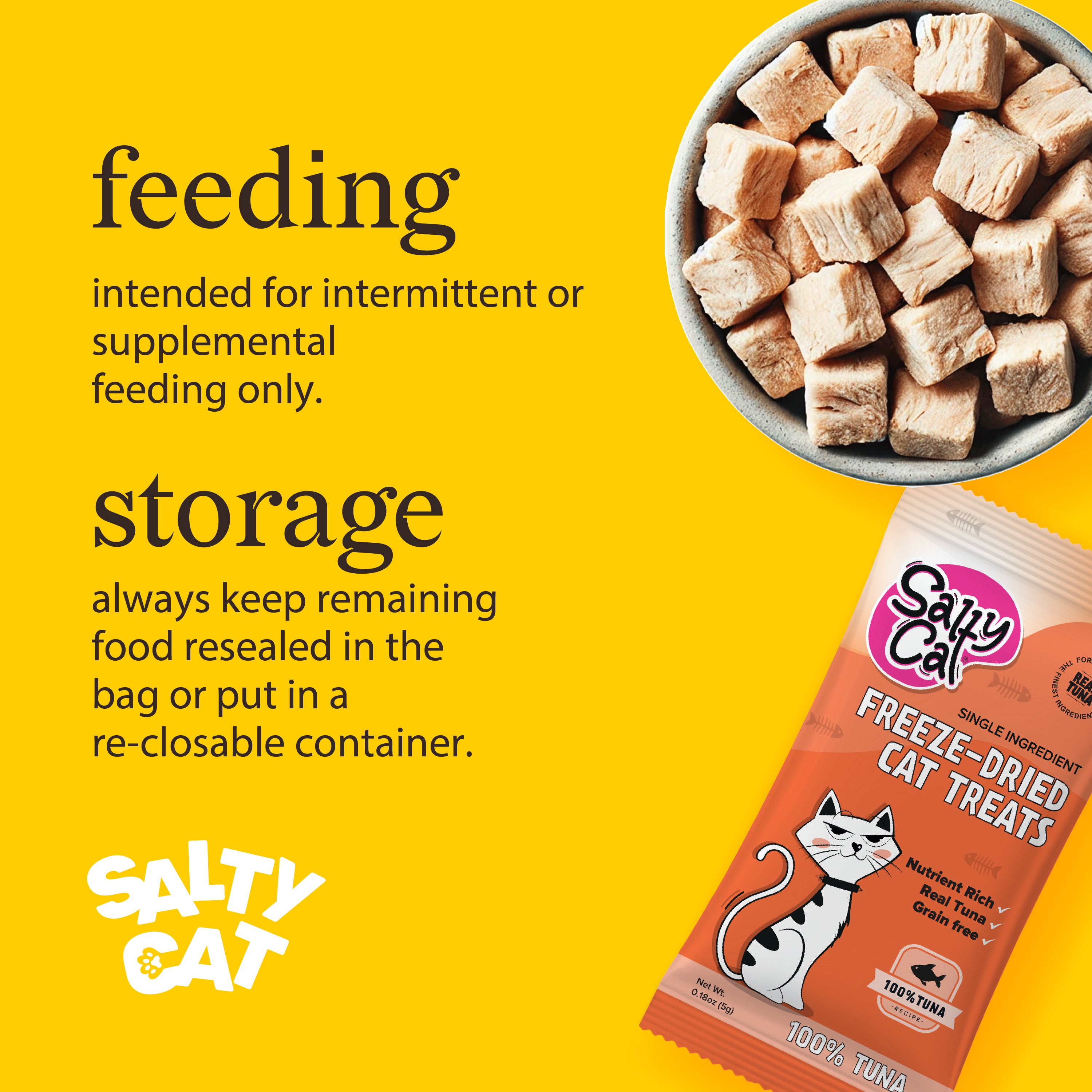 Bowl of cube-shaped Salty Cat Freeze Dried Tuna 5g treats and orange package on yellow.