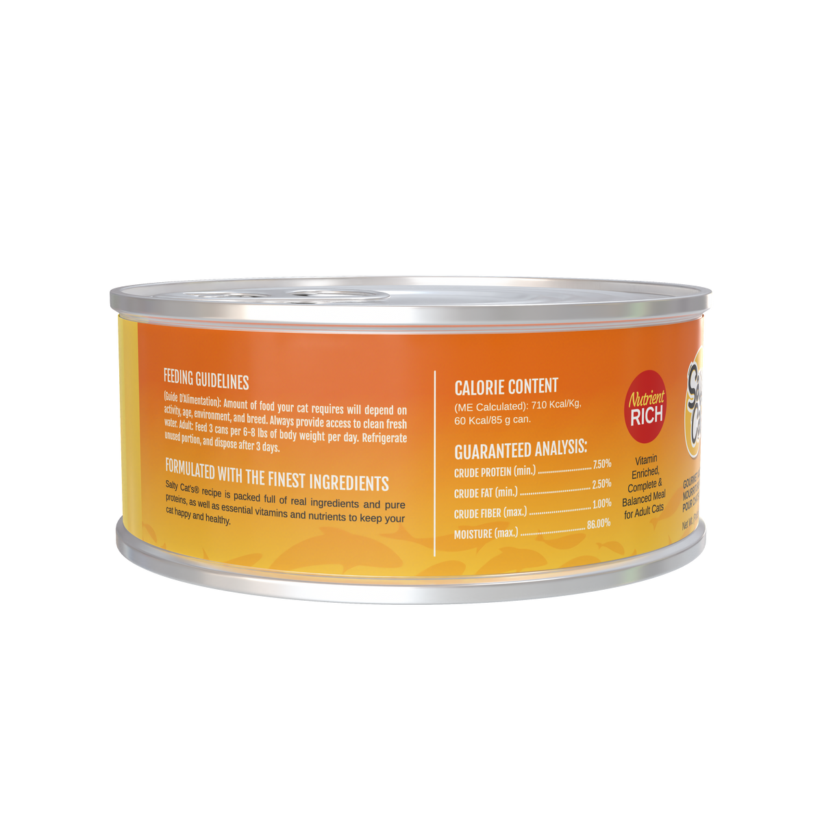Side of Salty Cat Captain's Catch Dinner Paté Seafood Variety can, label with feeding and nutrition.