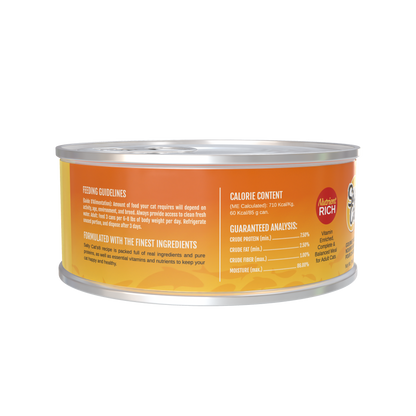 Side of Salty Cat Captain's Catch Dinner Paté Seafood Variety can, label with feeding and nutrition.