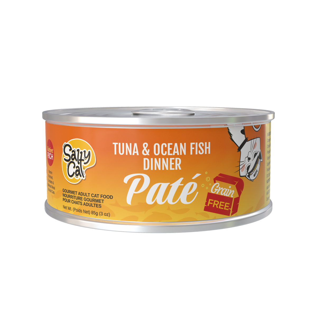 A can of Salty Cat Captain's Catch Dinner Paté, Seafood Variety, 12 Pack.