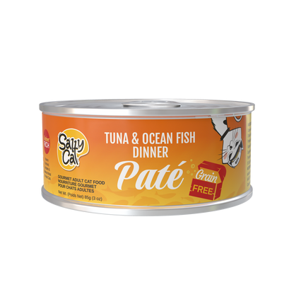 A can of Salty Cat Captain's Catch Dinner Paté, Seafood Variety, 12 Pack.