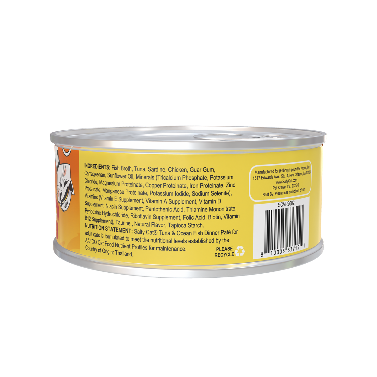 Side view of Salty Cat Captain's Catch Dinner Paté label with ingredients and manufacturer info.
