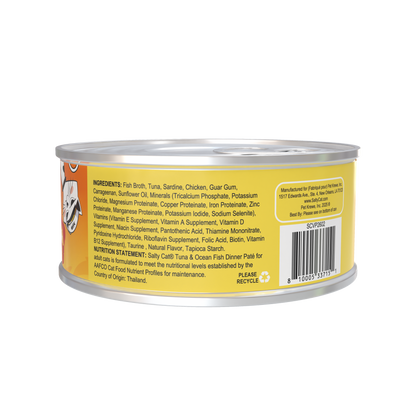 Side view of Salty Cat Captain's Catch Dinner Paté label with ingredients and manufacturer info.