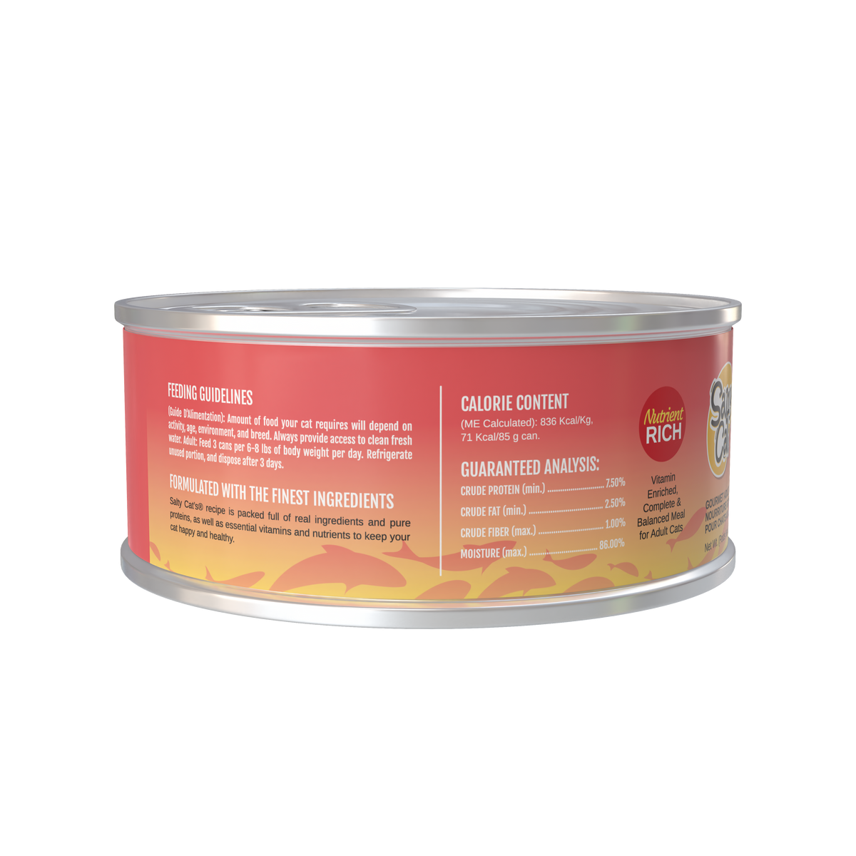 Salty Cat Captain's Catch Dinner Paté, Seafood Variety, 12 pack, side view of red-yellow label.
