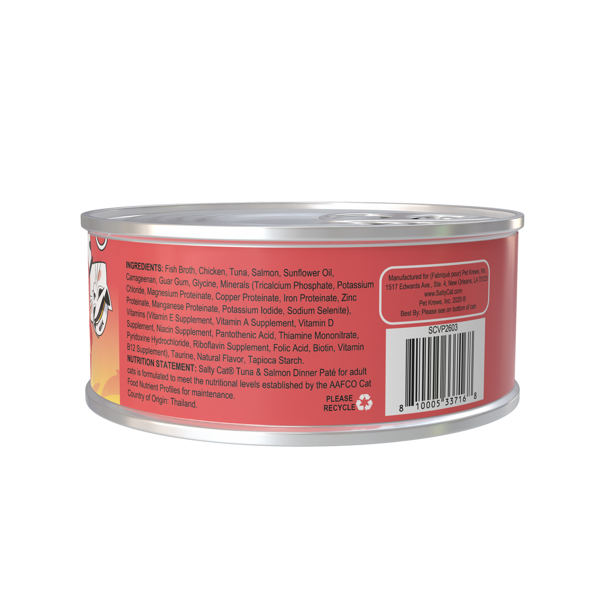 Salty Cat Captain's Catch Dinner Paté Seafood Variety, 12-pack, in a silver can with details.