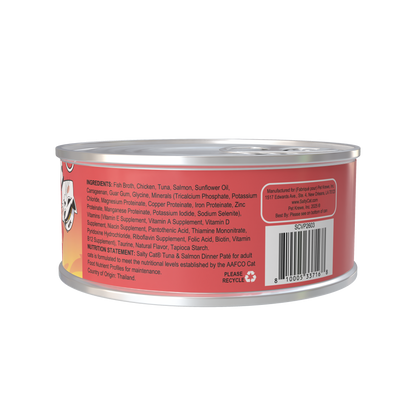Salty Cat Captain's Catch Dinner Paté Seafood Variety, 12-pack, in a silver can with details.
