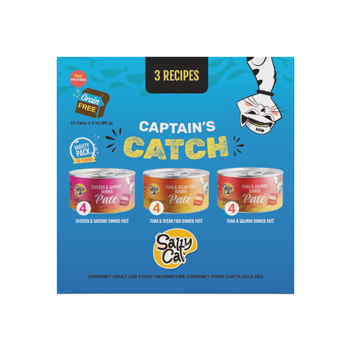 Salty Cat Captain's Catch Dinner Paté Seafood Variety, 12-pack of gourmet pâté cans.