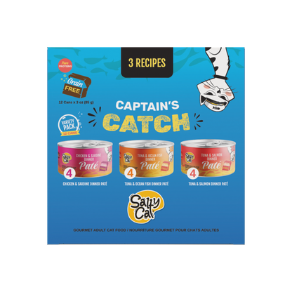 Salty Cat Captain's Catch Dinner Paté Seafood Variety, 12-pack of gourmet pâté cans.