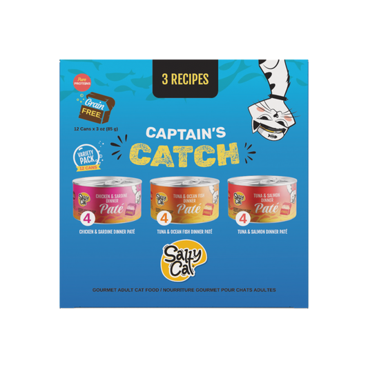 Salty Cat Captain's Catch Dinner Paté Seafood Variety, 12-pack of gourmet pâté cans.