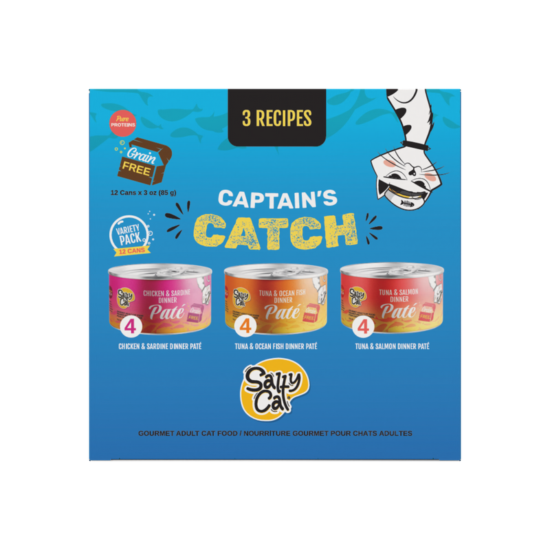 Salty Cat Captain's Catch Dinner Paté Seafood Variety, 12-pack of gourmet pâté cans.