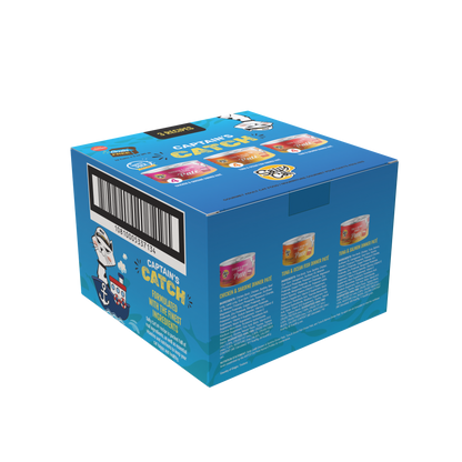 Blue Salty Cat Captain's Catch Dinner Paté Seafood Variety 12 Pack with logo, barcode & can images.