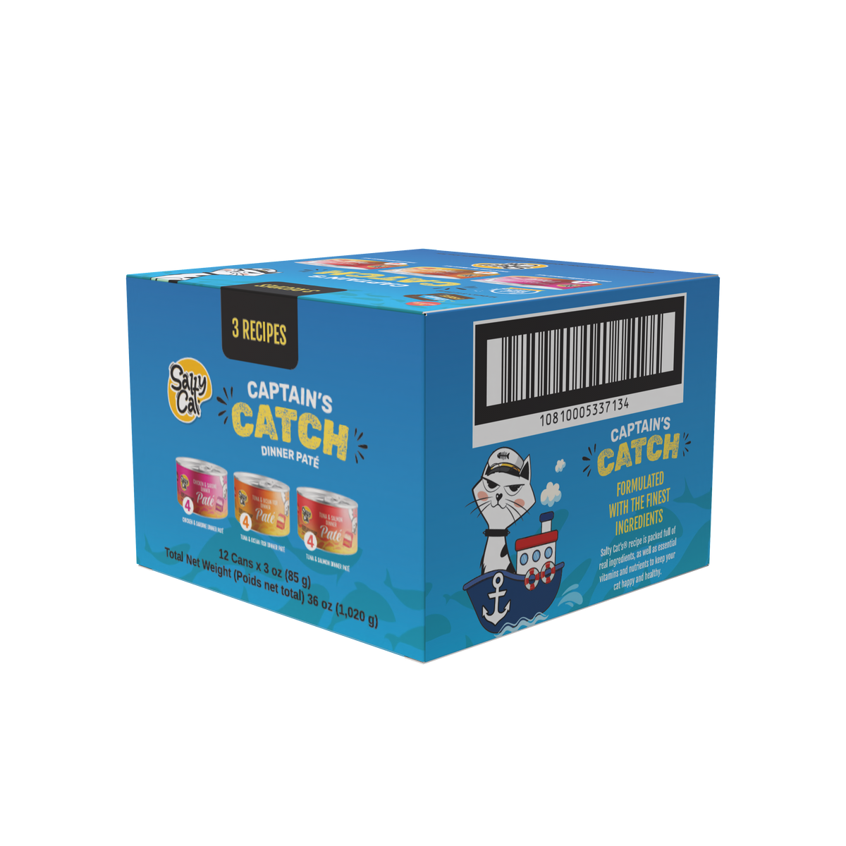 Blue box Salty Cat Captain's Catch Dinner Paté, Seafood Variety, 12 Pack with barcode shown.