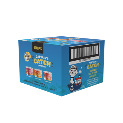 Blue box Salty Cat Captain's Catch Dinner Paté, Seafood Variety, 12 Pack with barcode shown.