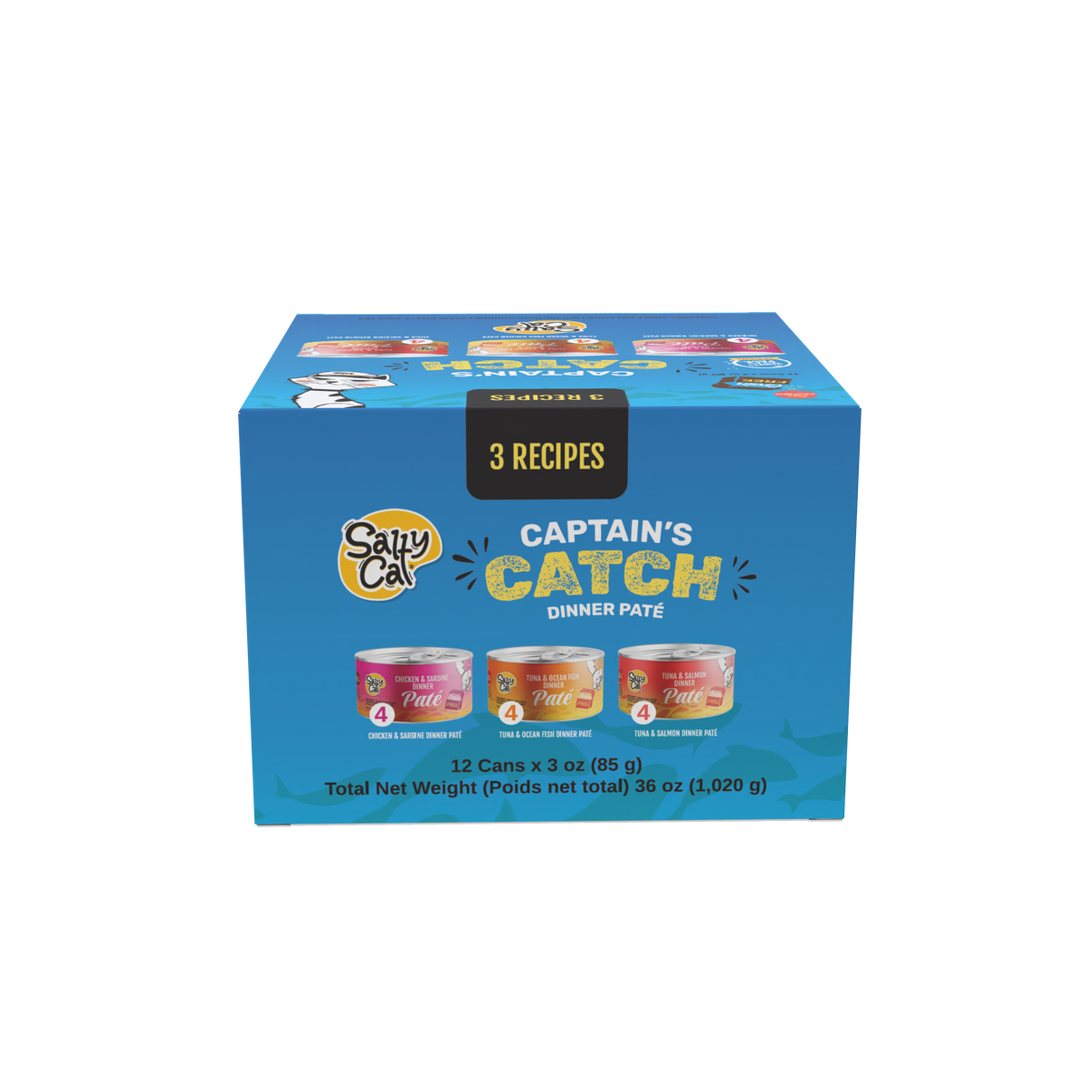 Salty Cat Captain's Catch Dinner Paté, Seafood Variety, 12 pack, recipes shown on front.