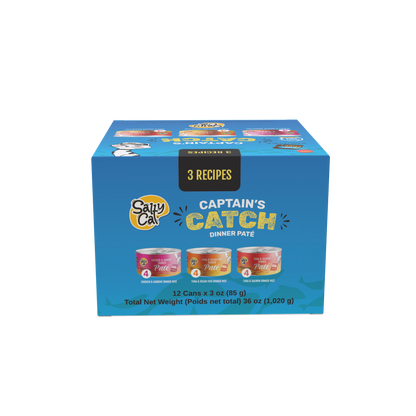 Salty Cat Captain's Catch Dinner Paté, Seafood Variety, 12 pack, recipes shown on front.